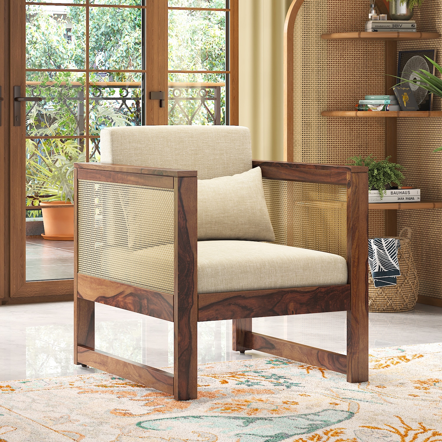 Korai Plus Single seater sofa -Finish -Teak,Fabric - Macadamia Brown Hopsack weave-image-44