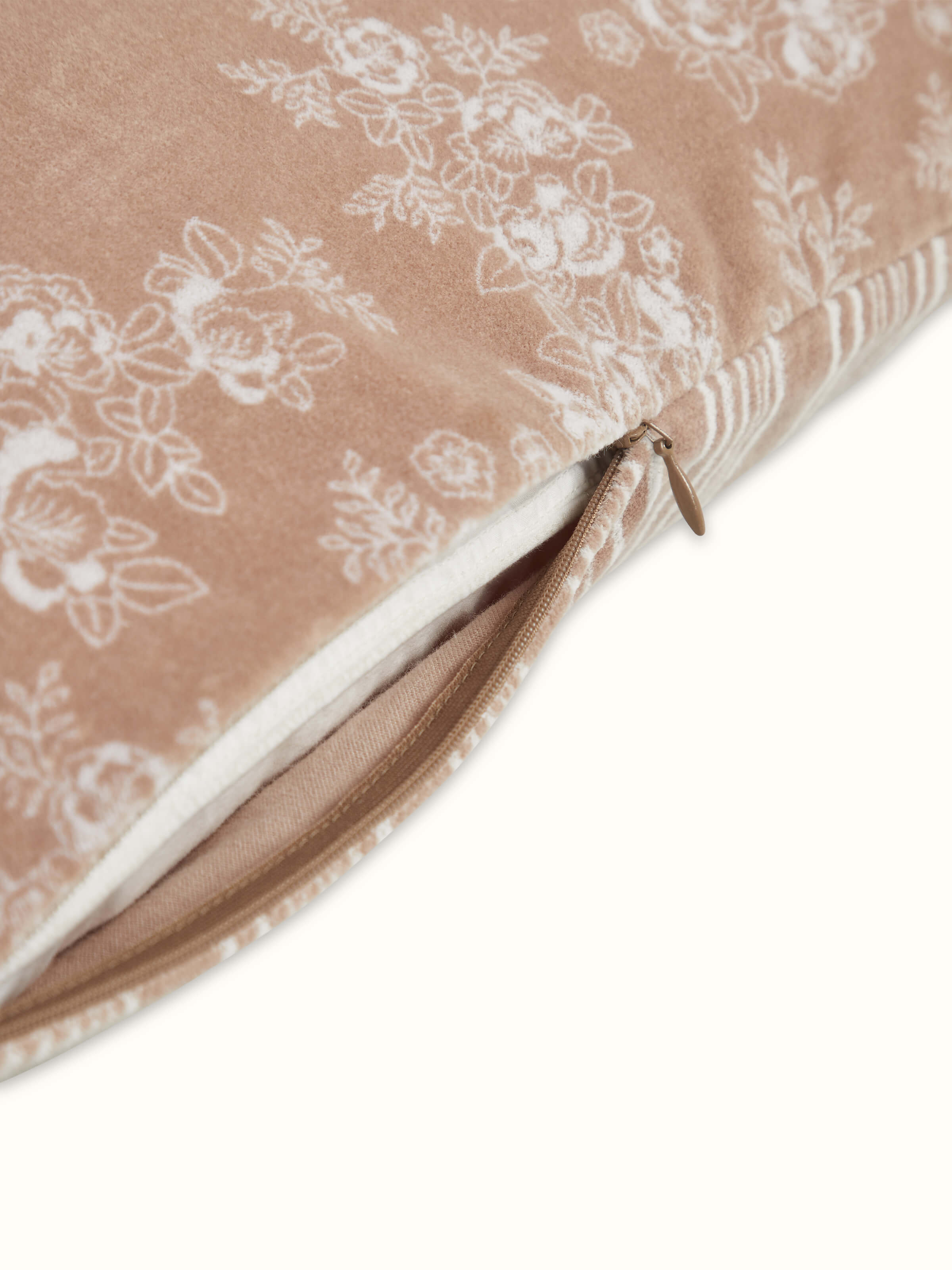 Shivranjini Beige Floral Cotton Velvet Sanganeri Hand Block Printed Cushion Cover