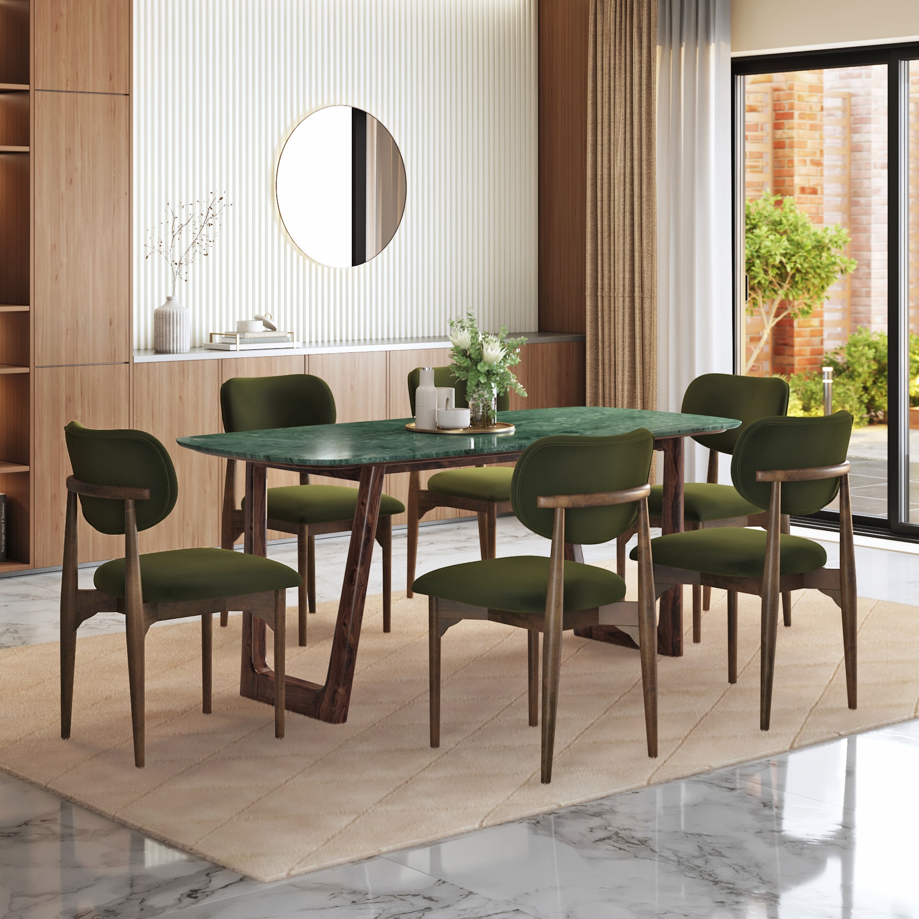 Adria Jade Green Marble 6 Seater Dining Table With 6  Ollie Dining Chairs (Finish : Jade Green, Chair Colour : Deep Olive Velvet) - Urban Ladder