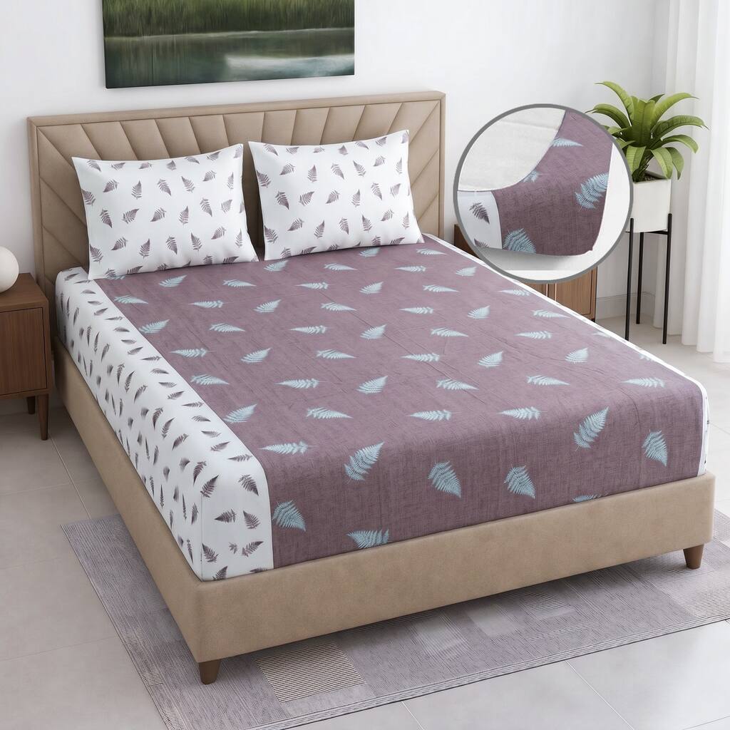 White And Plum Shade Floral  Cotton 400 Tc  Fitted  Super King Size Bedsheet With 2 Pillow Covers - Threads