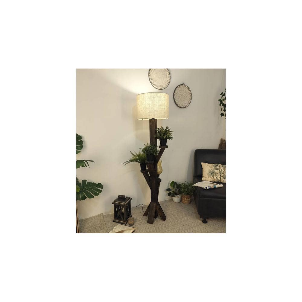 Woods Wooden Floor Lamp with Brown Base and Jute Fabric Lampshade
