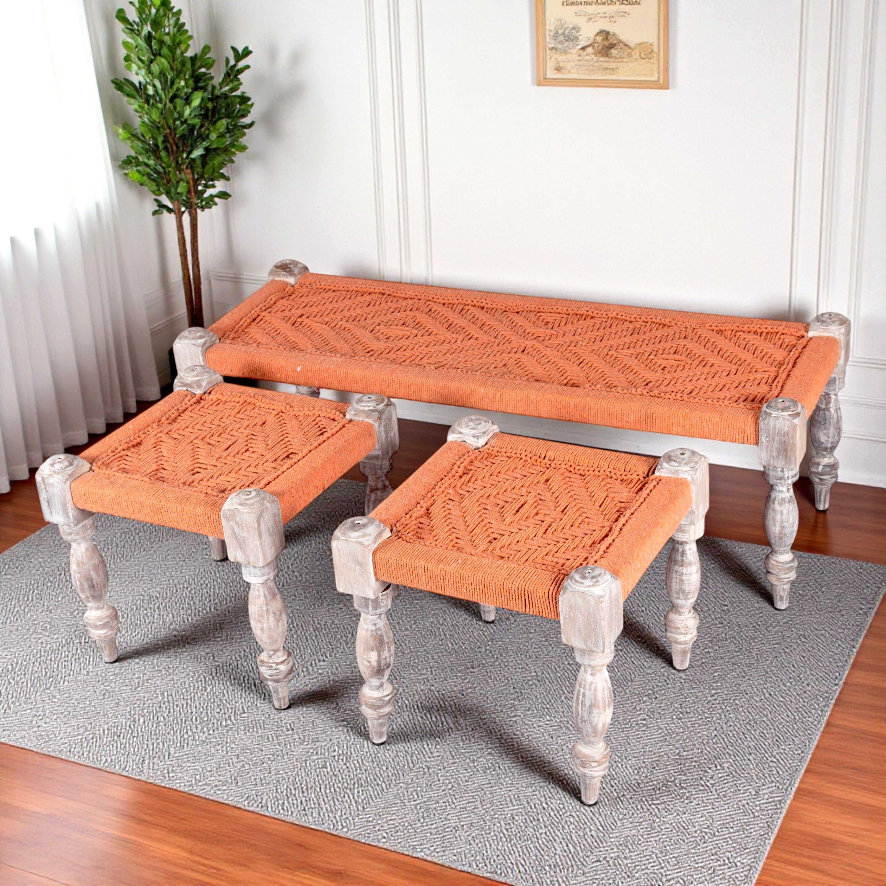 Hamilton Sheesham Wood Vintage 3+1+1 Seater Maachi Bench Set With 2 Stools In Orange Rope Canning