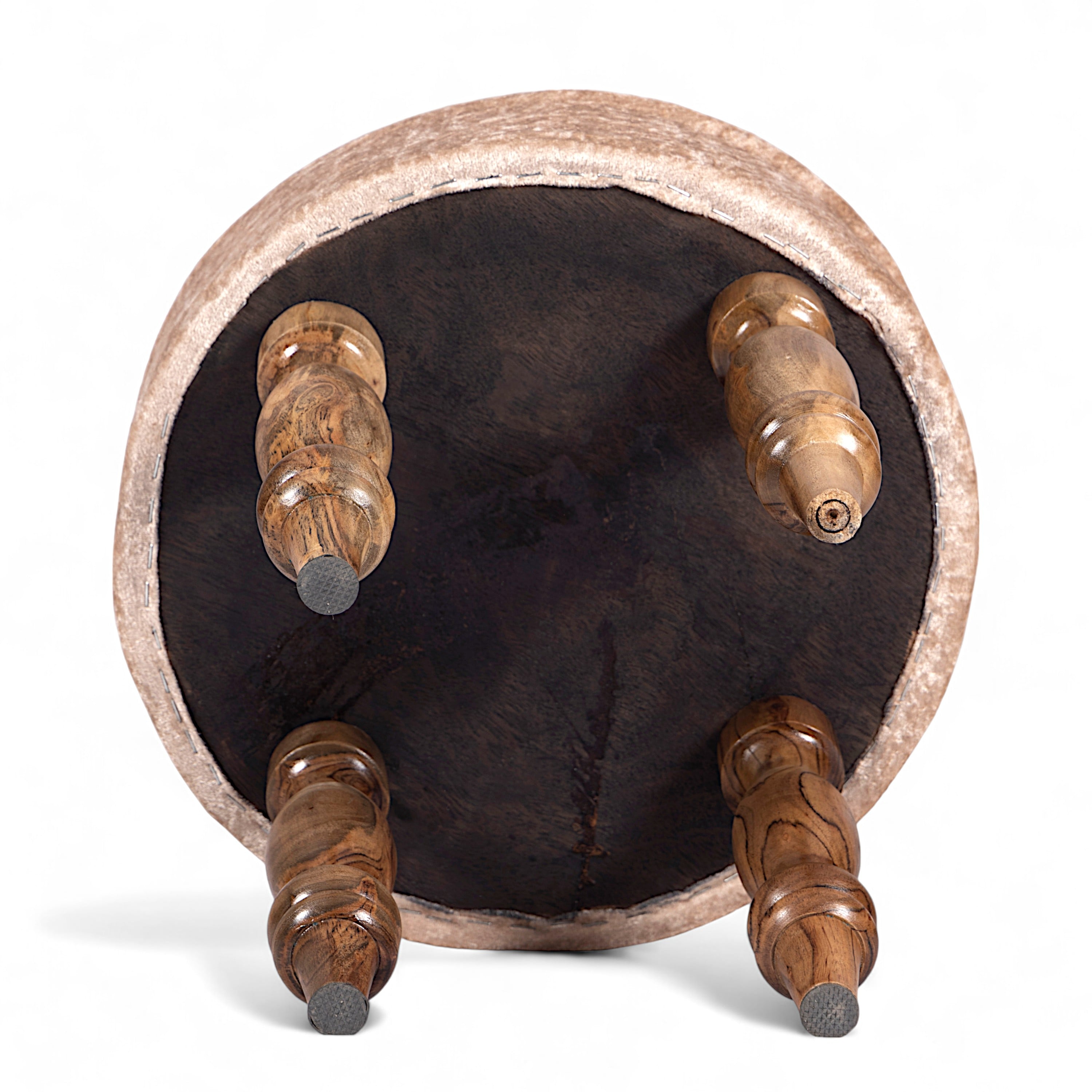 Roswell Sheesham Wood   Round Set of 2 Stools in Beige Sparkle Velvet Upholstery