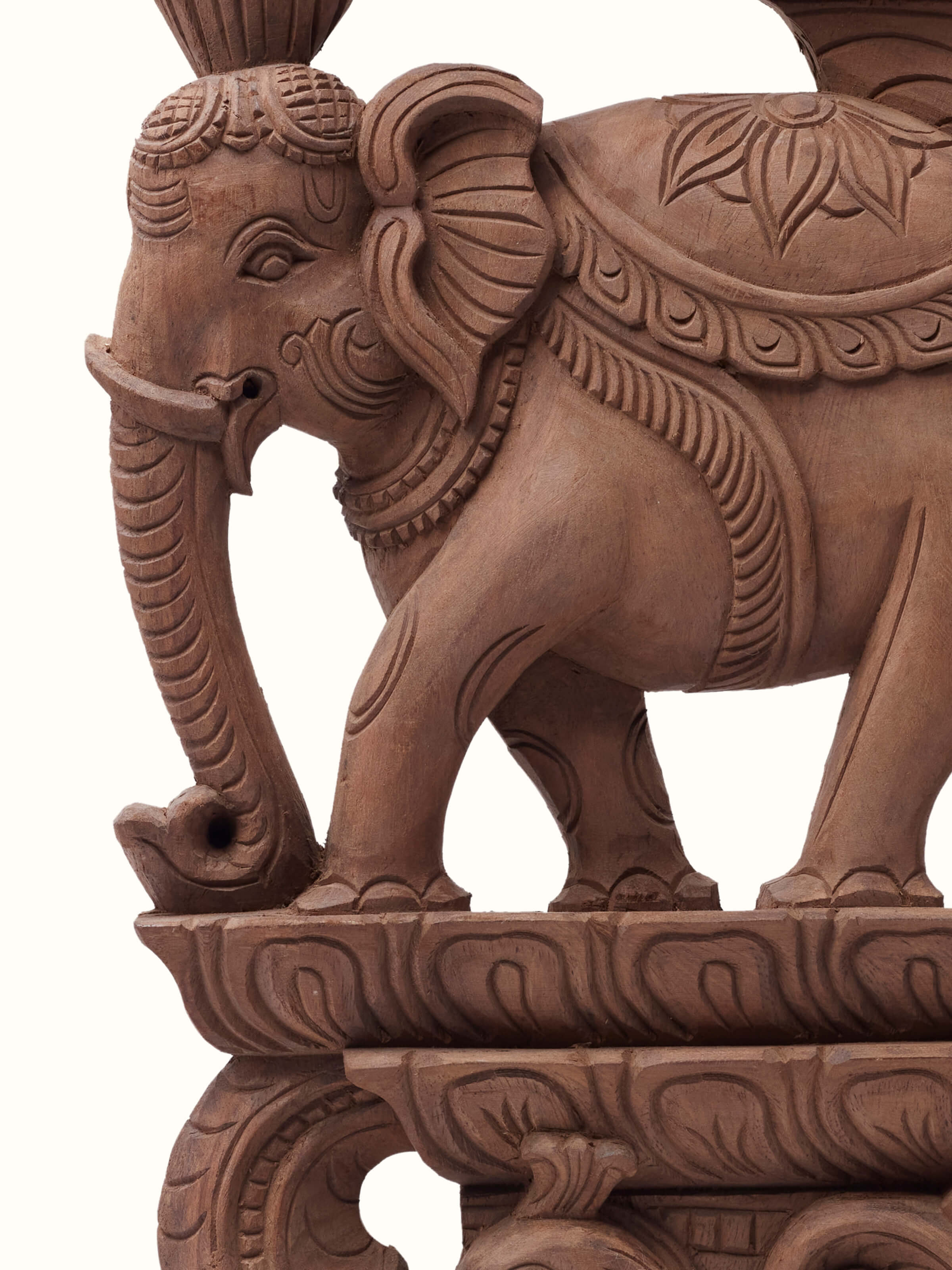 Detail view of Bapatla Carved Neem Wood Elephant Brackets Sculpture (2 pcs) focusing on the intricate carvings and textures of the wood.