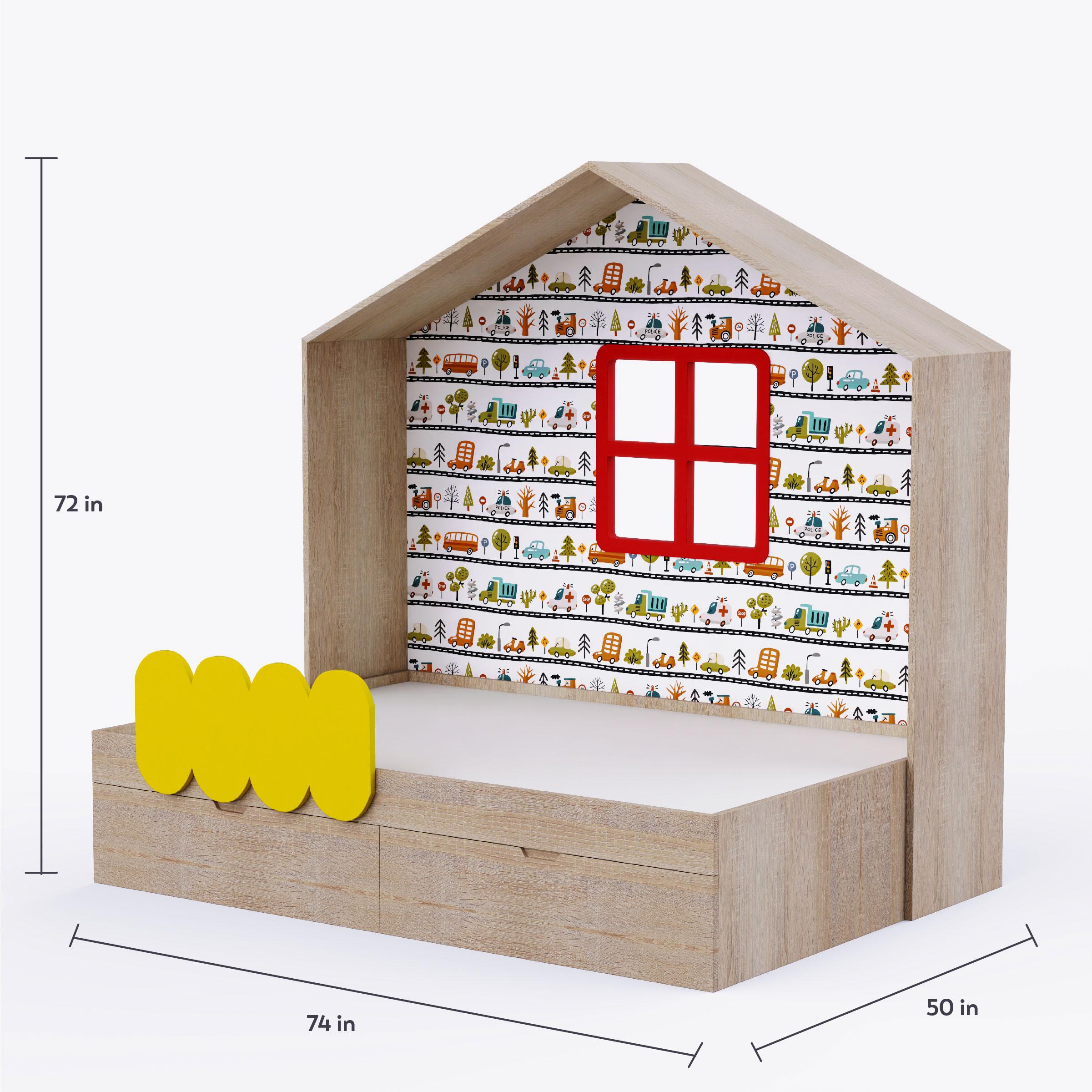 Little Hut Bed  6X3 ( Drawers On Wheels) In Oak & Yellow Colour