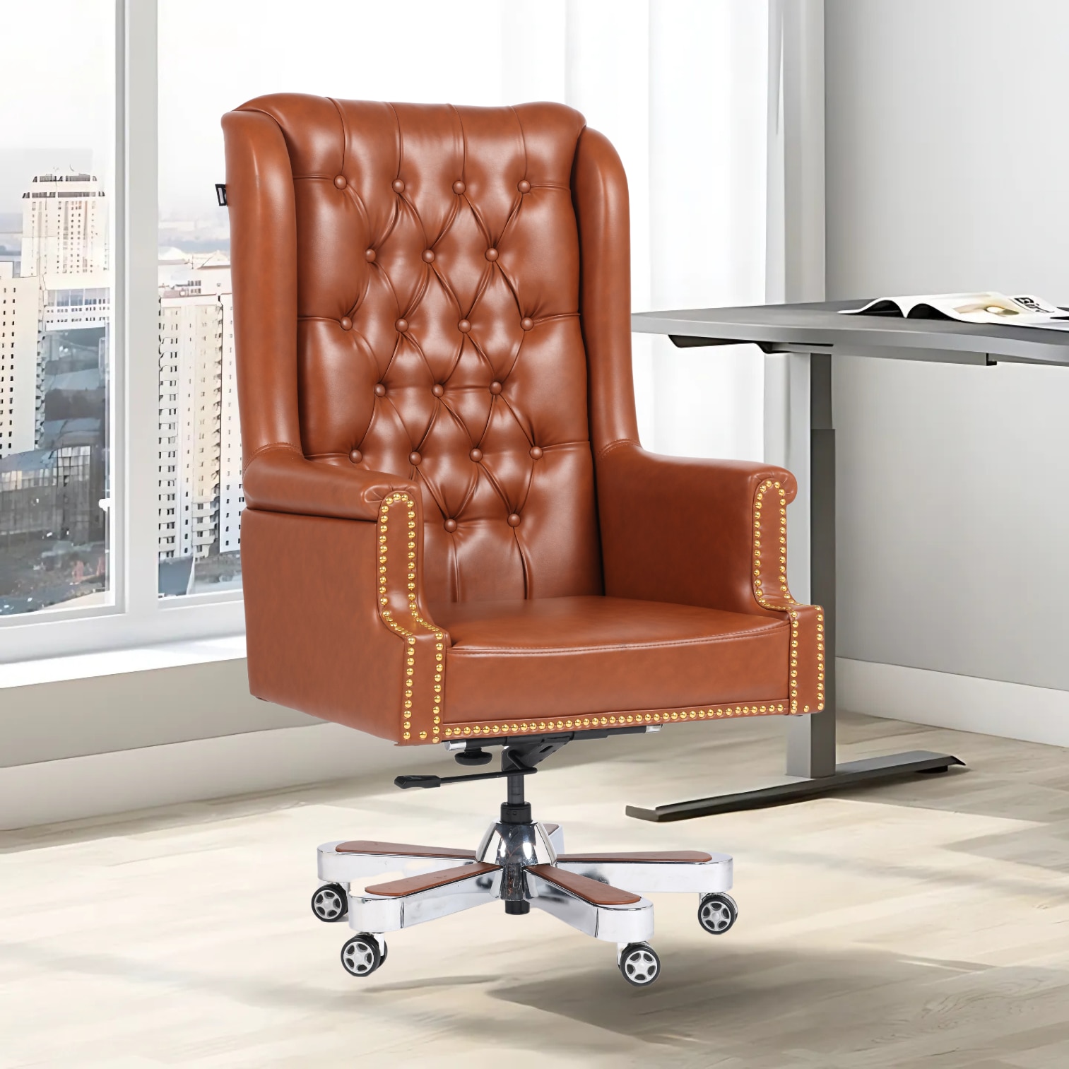Maharaja Leatherette High Back Director Chair In Tan Colour