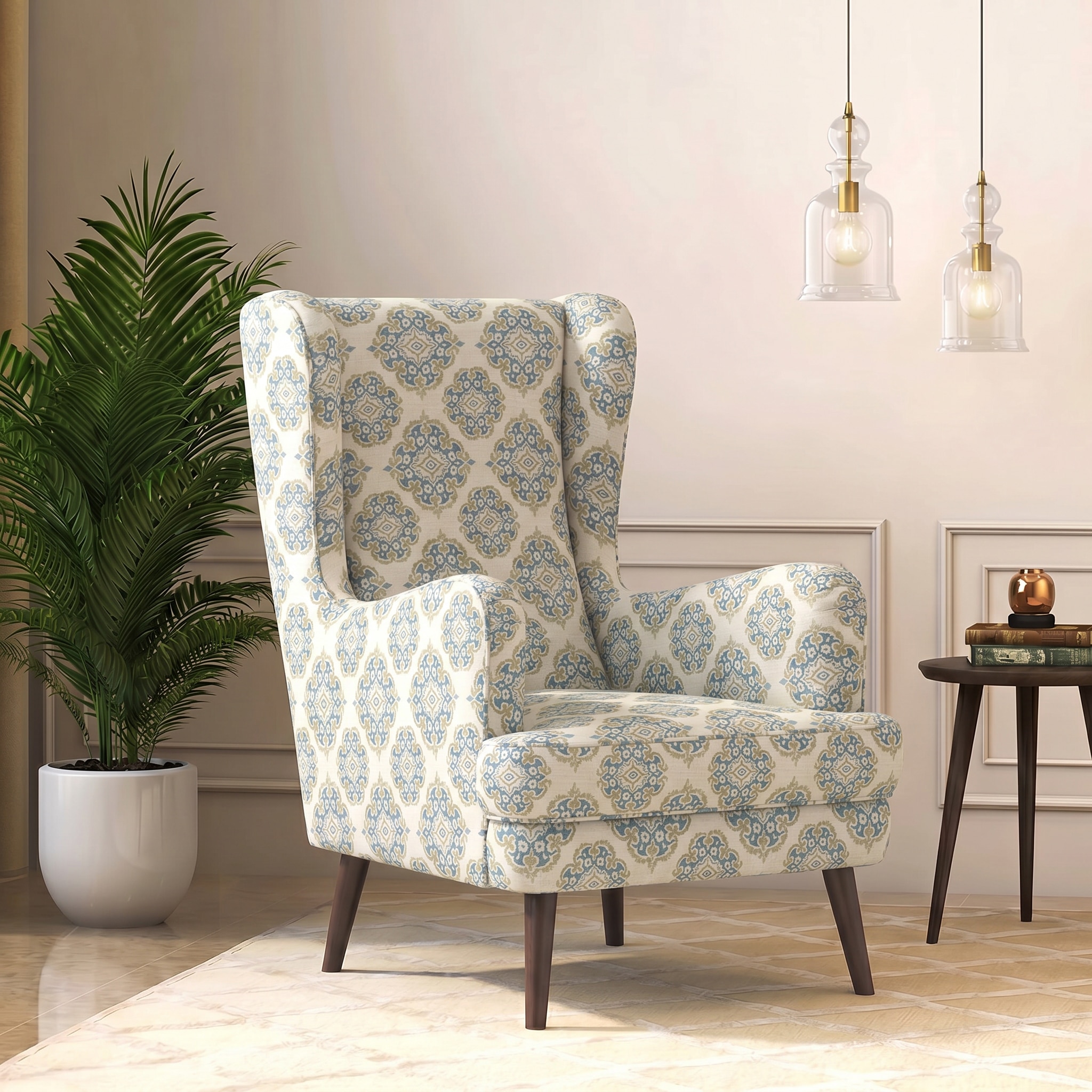 Genoa Fabric Wing Chair in Aqua Fleur Damask Colour - Urban Ladder
