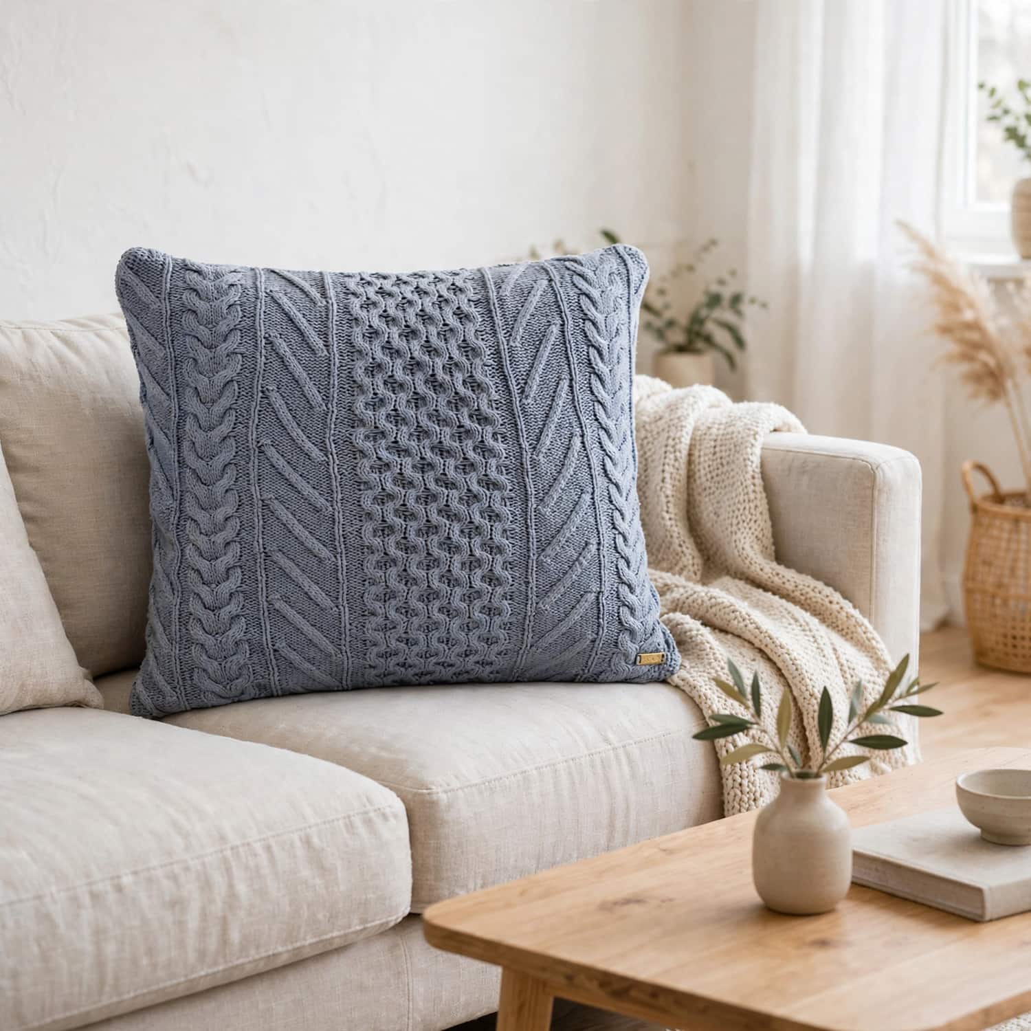 Kennedy Blue Grey Cotton Knitted Decorative Cushion Cover 16 x 16 Inches