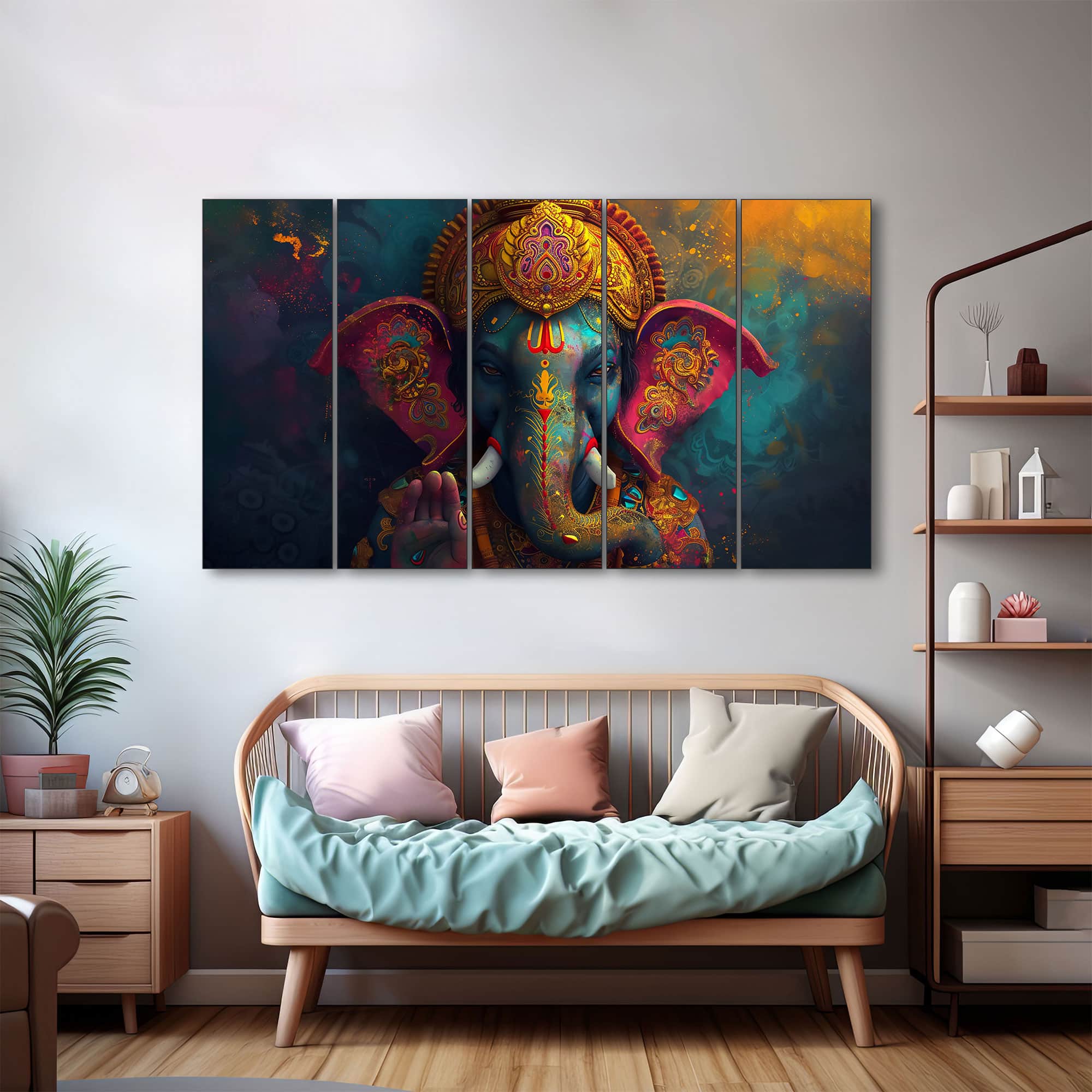 The Castle Decor Lord Ganesha Wall Painting Wooden Framed 27x48 Inch (Style 19) - The Castle Decor