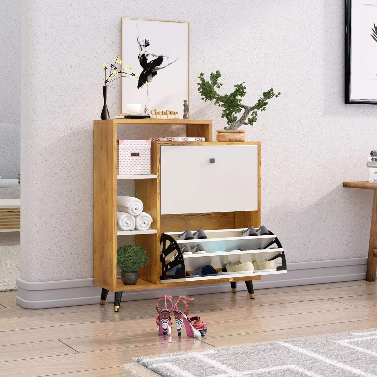Hexa Red Engineered Wood Shoe Rack in Giant Wood and Frosty White Colour - HexaRed