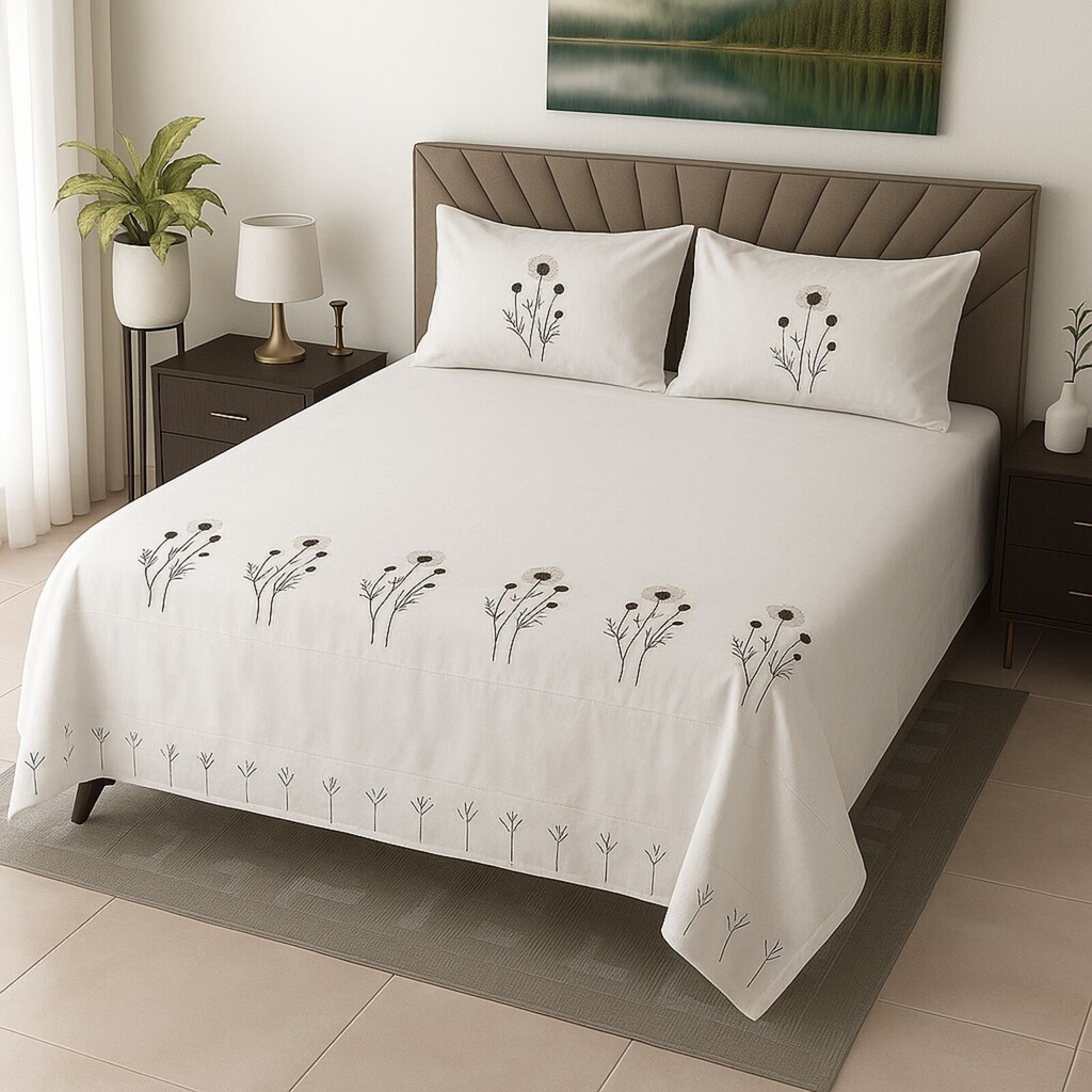 Plain Pastle Grey 350 TC Embroidery StiTChed Cotton Satin Flat Super King Bed Size Bedsheet With 2 Pilllow Covers  Threads