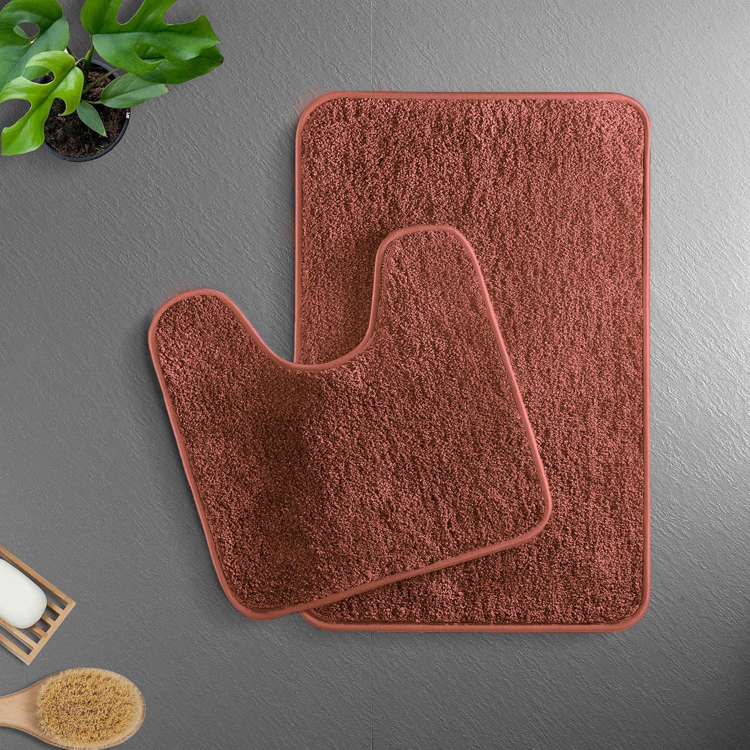 Luxe Home Polyester Newman Contour Bath Mat Set of 2 (Rust 45x75 cm & 40x45) - Luxe Home International