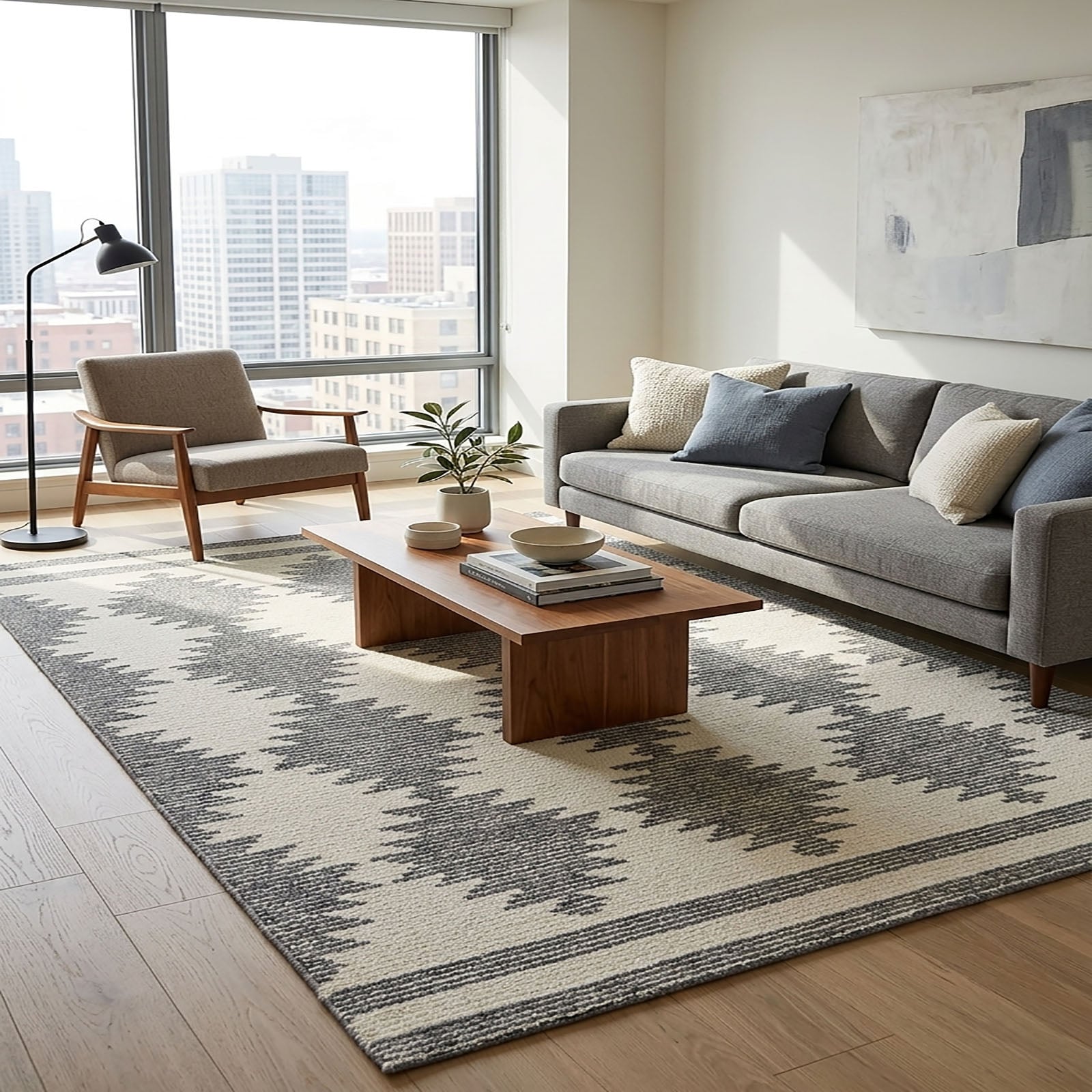 Hand Tufted Southwestern Diamond Area Rug Cream Grey 63 x 91 - The Woven Legacy