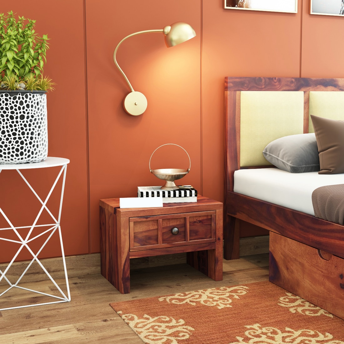 Tiana Solid Wood Bedside Table in Teak Finish