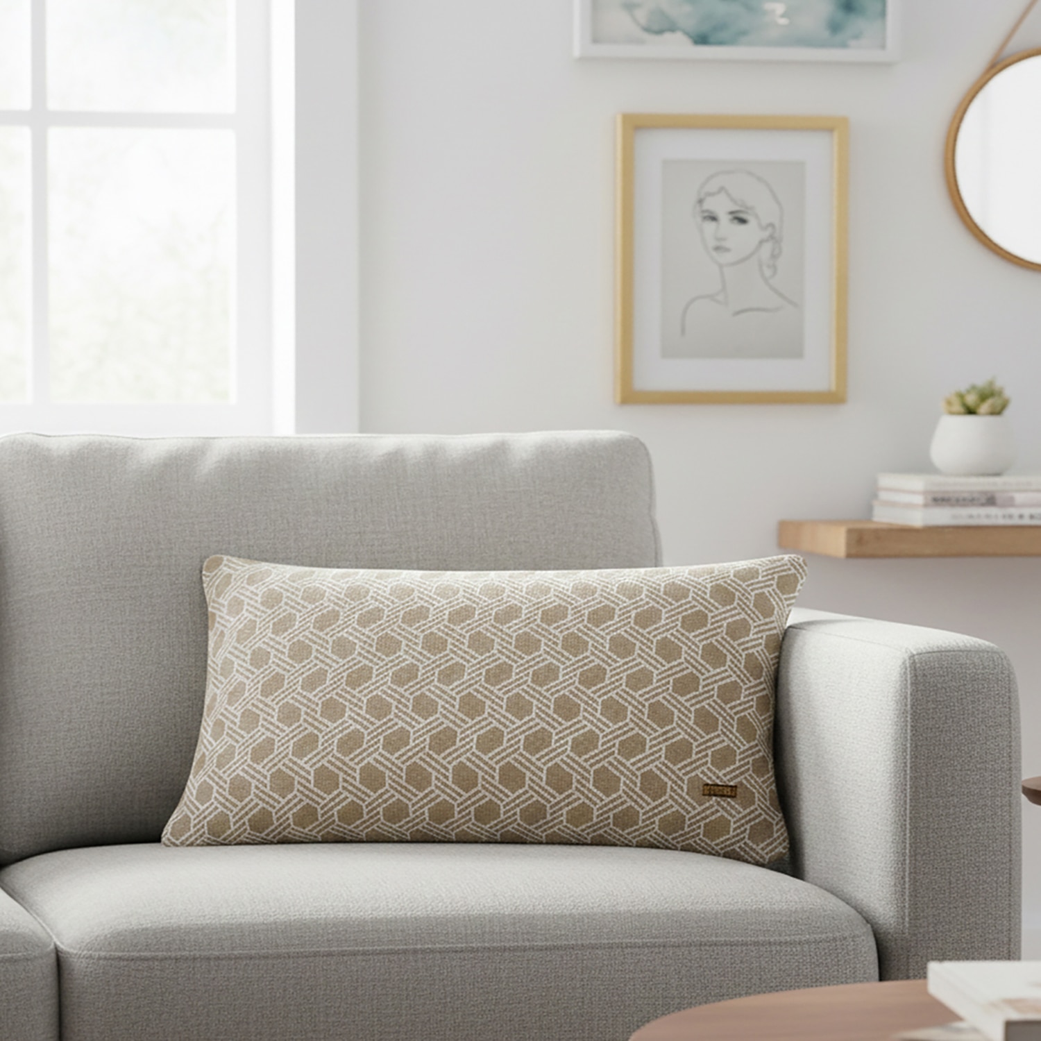 Geometric Stone  And Natural Cotton Cushion Cover 12X20 Inches - Pluchi