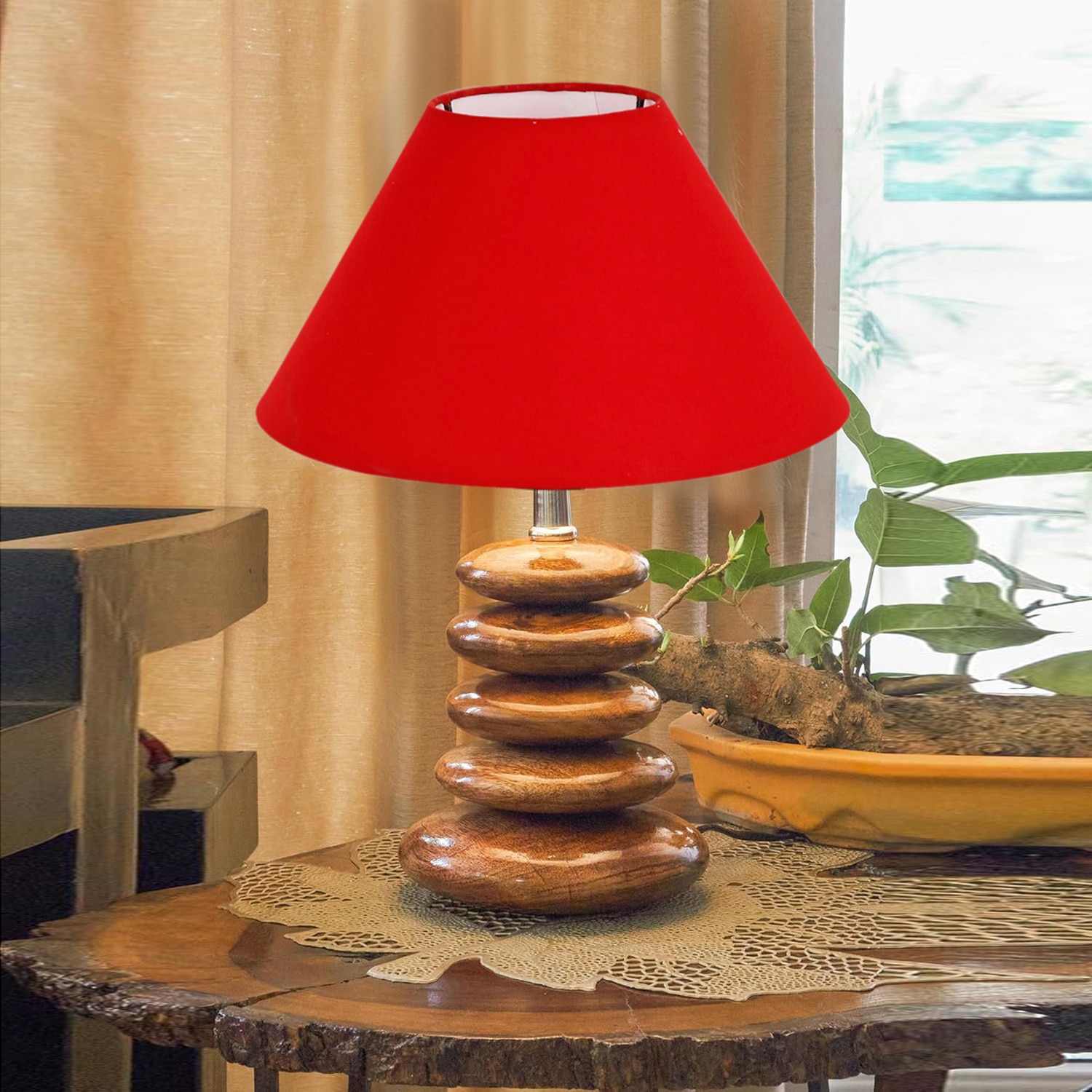 Devansh Red Cotton Table Lamp With Wood  Pebble Lamp  (10X10X15) Inches - Devansh