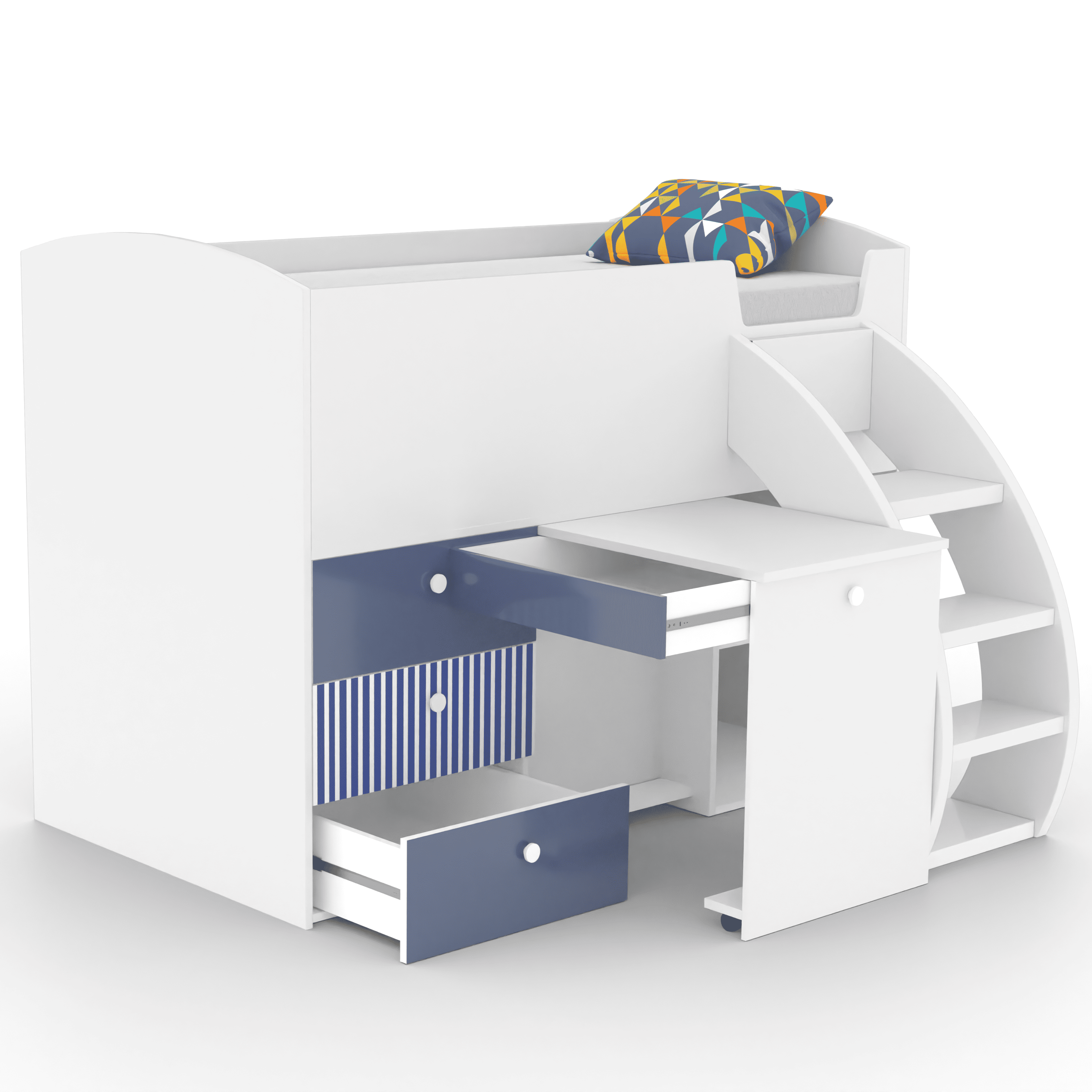 Fun House Loft Bed Ith Integrated Pull Out Desk  White And Blue In White and Blue Colour