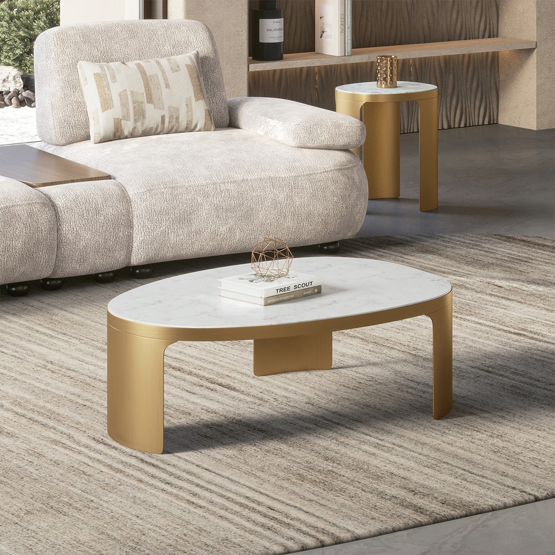 Riva Organic Metal And White Banswara Coffee Table In Brushed Gold Finish