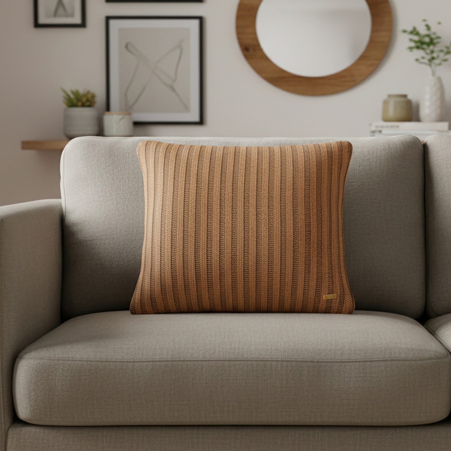 Stripe Knit Espresso Copper Print Cushion Cover 16X16  Inches - Pluchi
