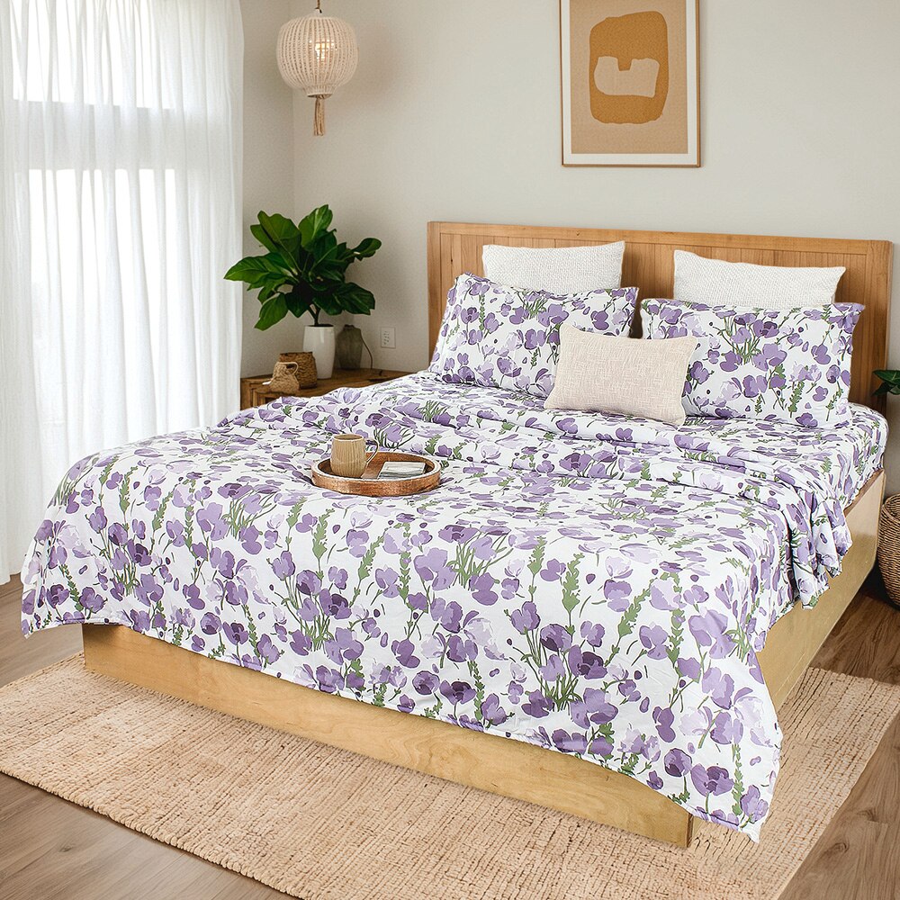 Himalayan Poppies 1 Double Bed Sheet & 2 Pillow Covers with Purple colour