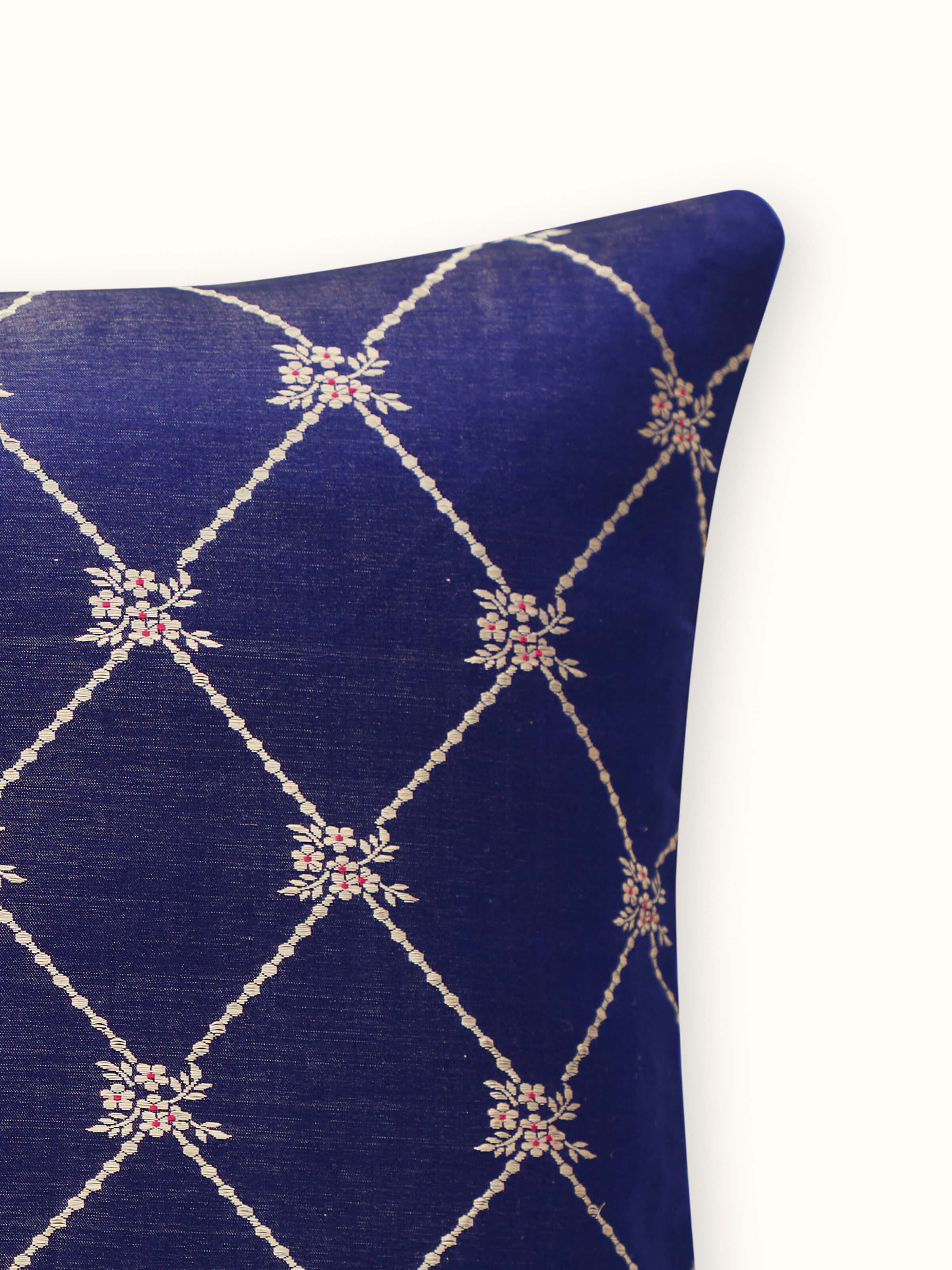 Detailed view of Awadh Navy Blue Banarasi Handloom Silk Lumbar Cushion Cover, highlighting the fine craftsmanship and fabric finish.