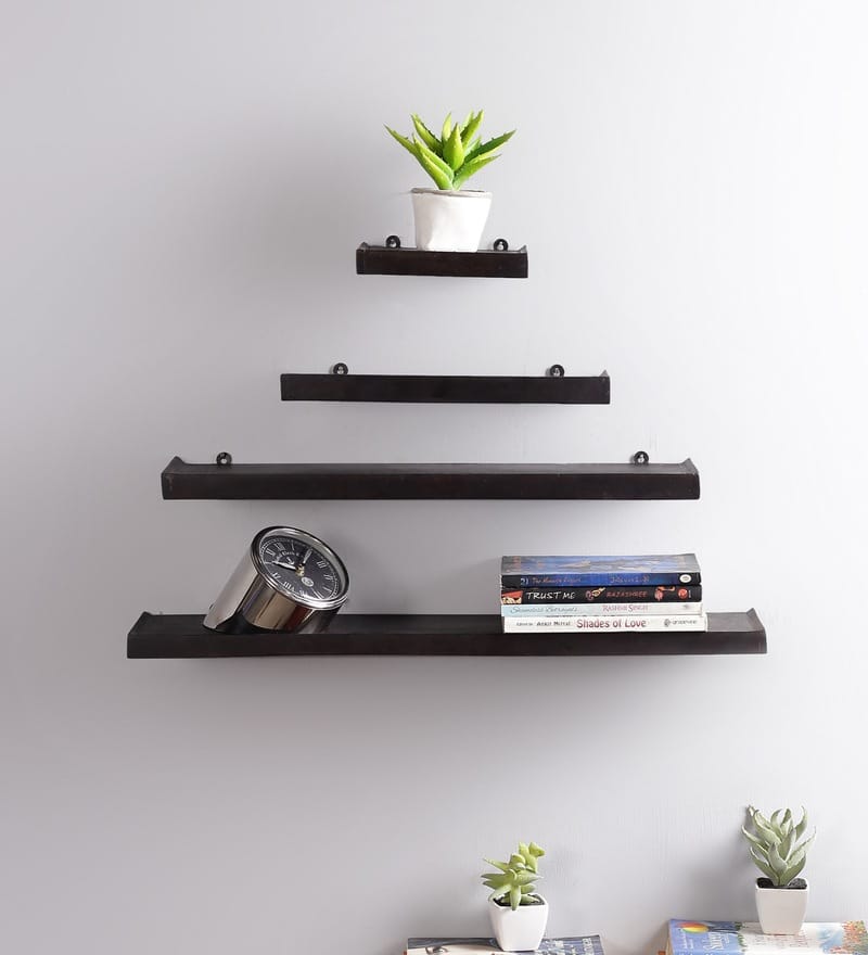 Solid Wood Floating Wall Shelf Set of 4 in Brown Colour - Desert Art