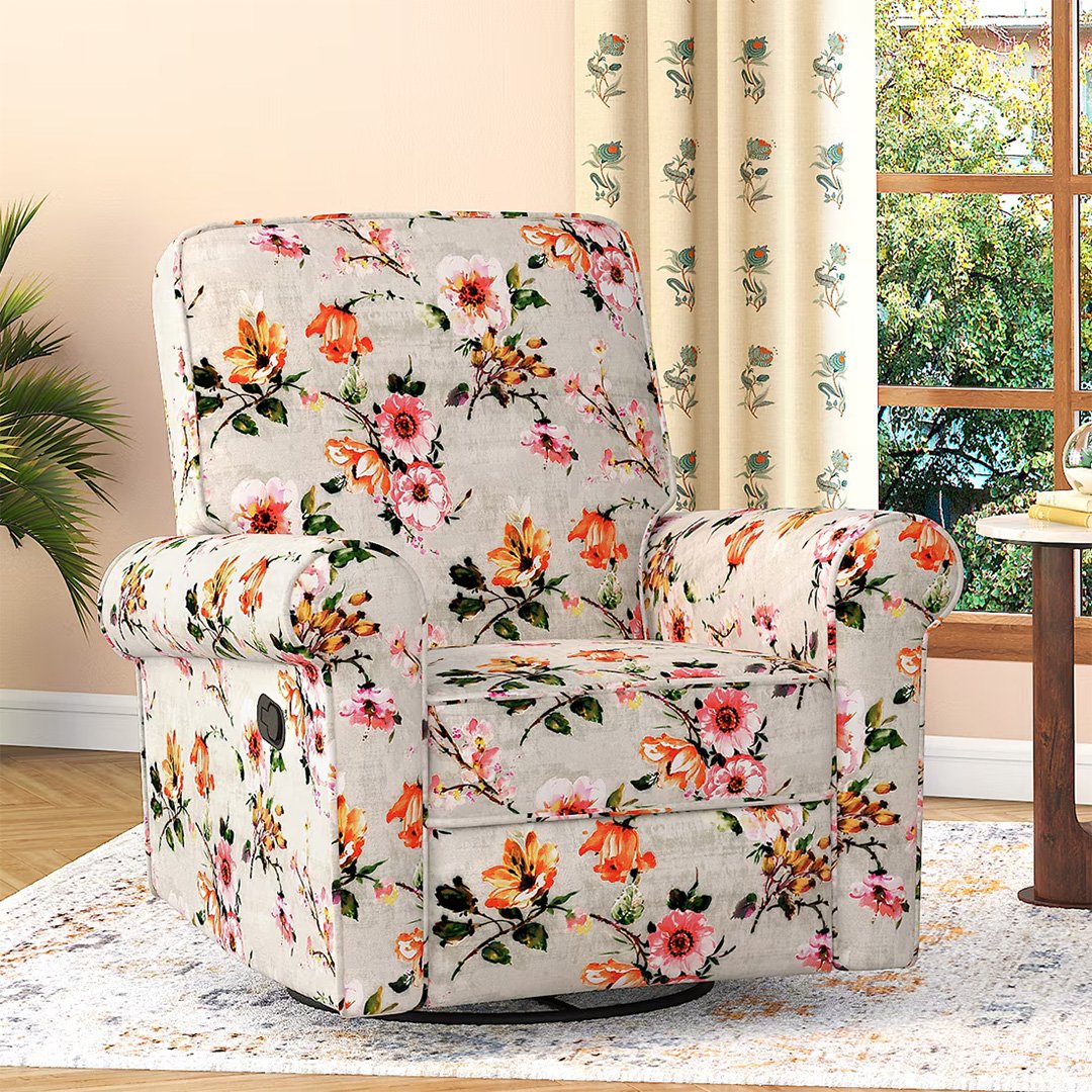 Diaz Rocker Swivel Recliner in Peach Floral Velvet Colour