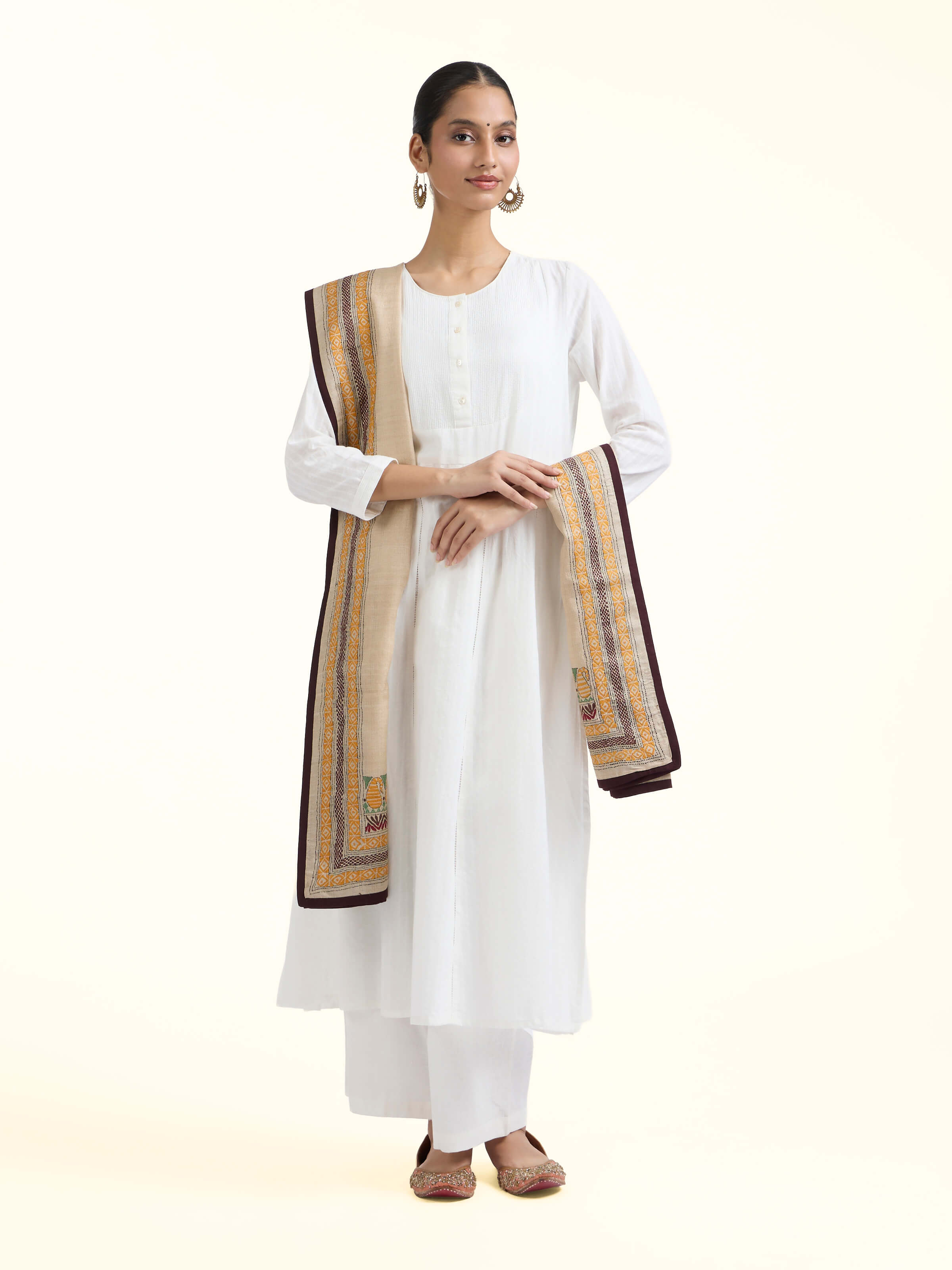 Front view of beige tussar silk kantha embroidered dupatta showcasing handcrafted embroidery