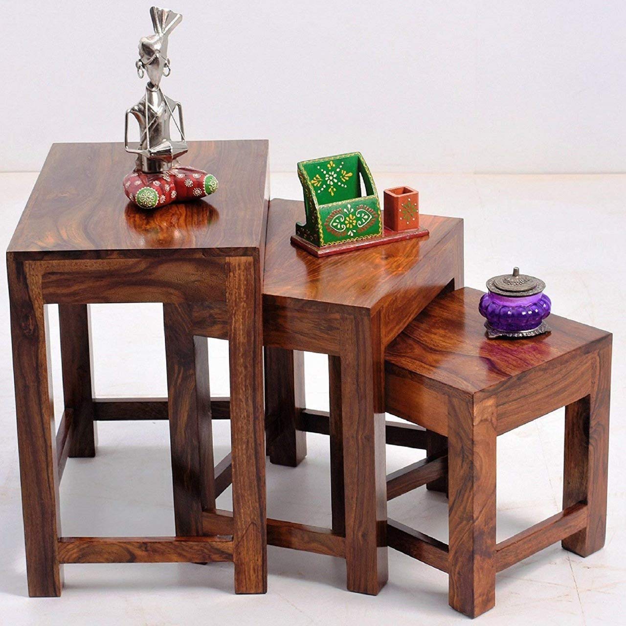 Meridian Solid Wood Set of 3 Stool in Teak Finish