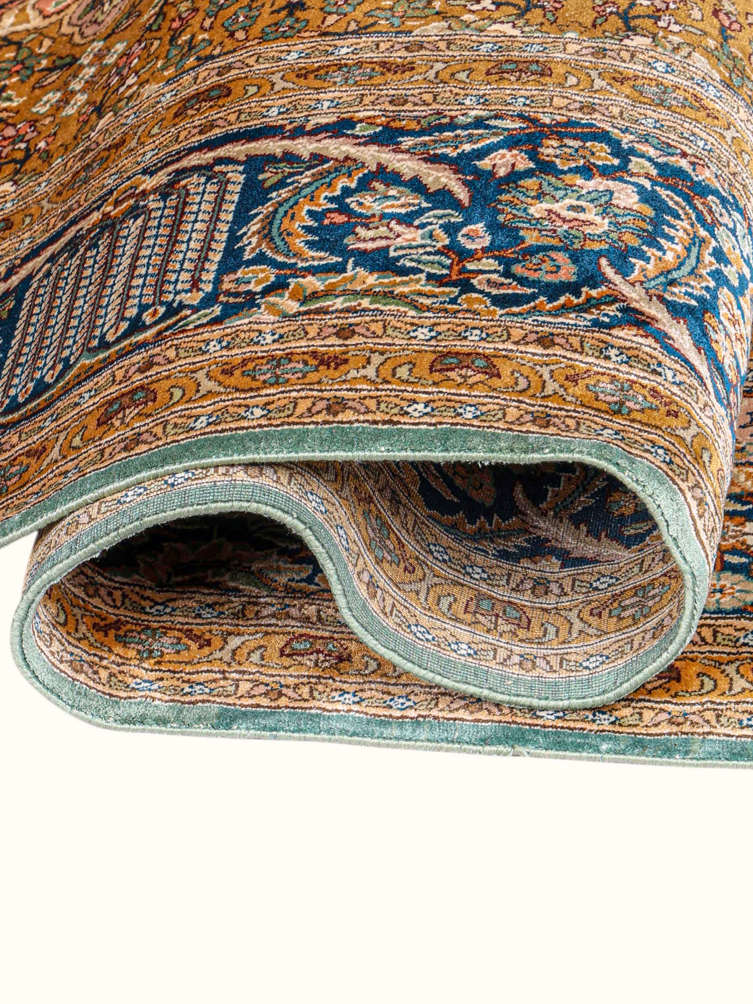 Traditional Persian Navy Ochre Tabriz Kashmir Silk Hand-Knotted Carpet