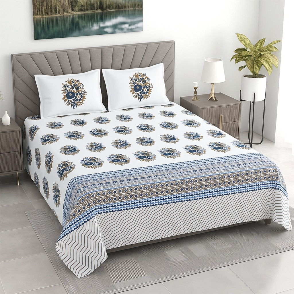 Off White Floral 400 Tc  Cotton Flat Super King Size Bedsheet With 2 Pillow Cover - Threads