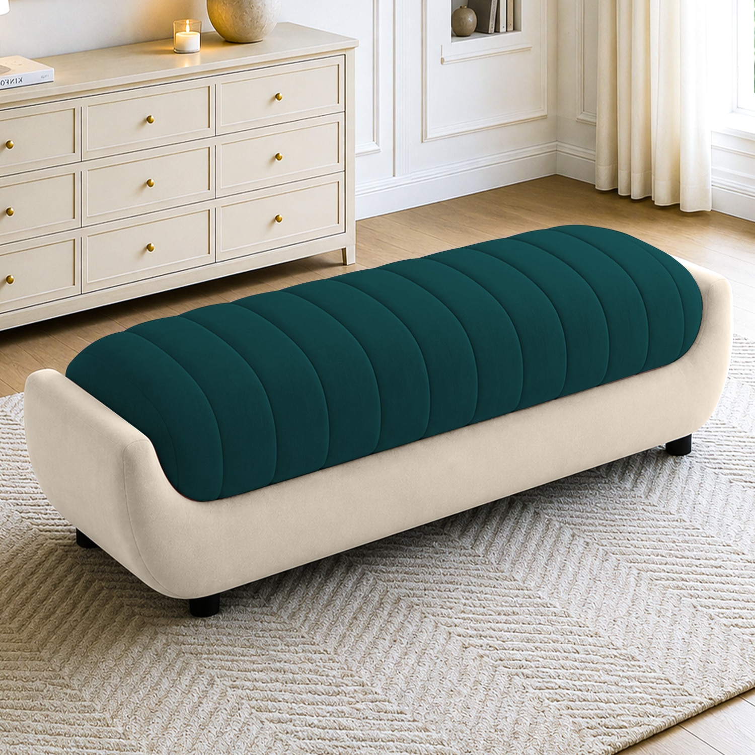 Marko Velvet 2 Seater 5 Feet Ottoman Bench in T Blue & Cream Color - Home Lifestylez