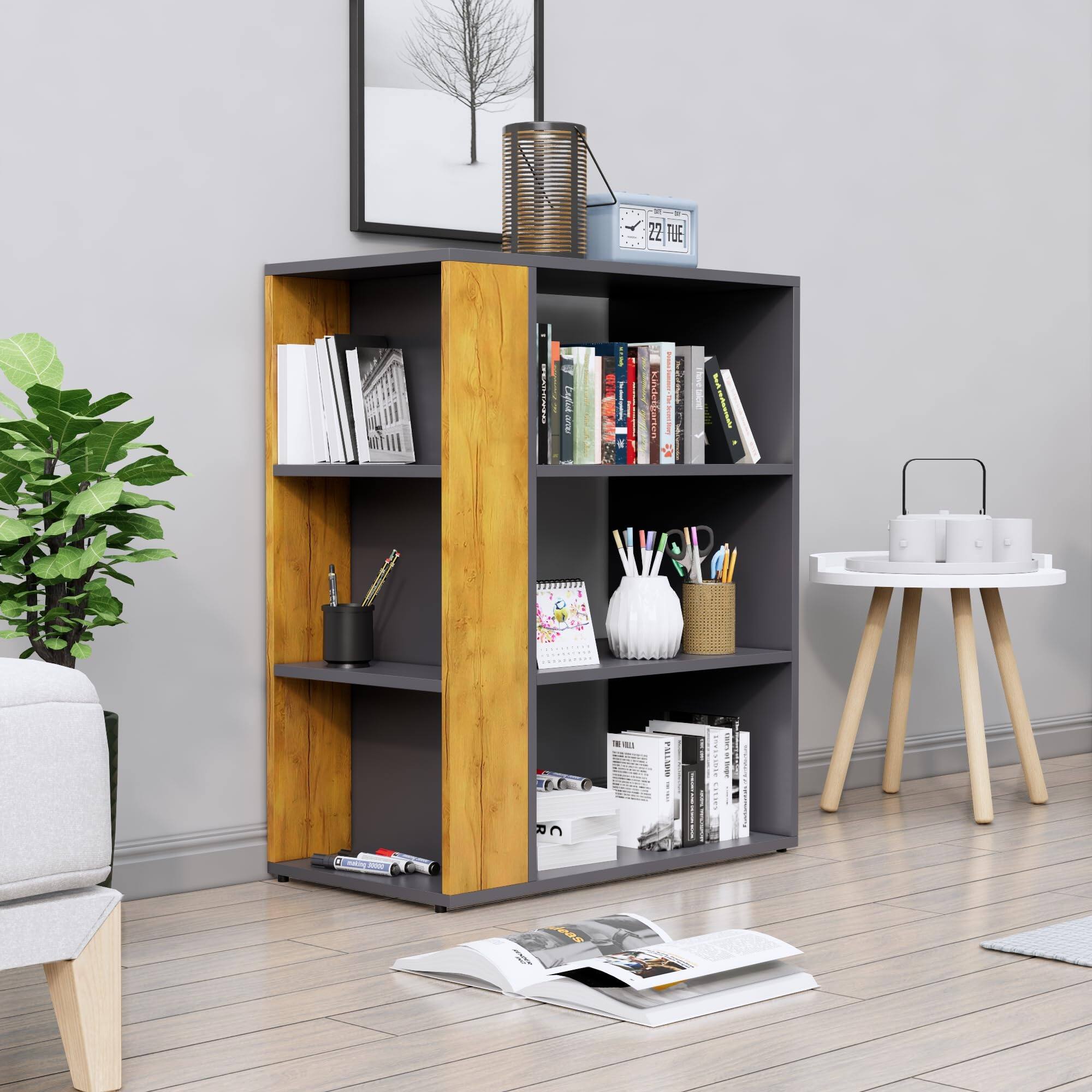 Hexa Engineered Wood Bookshelf Multipurpose Storage Rack in Slate Grey and Giant Wood Colour - HexaRed