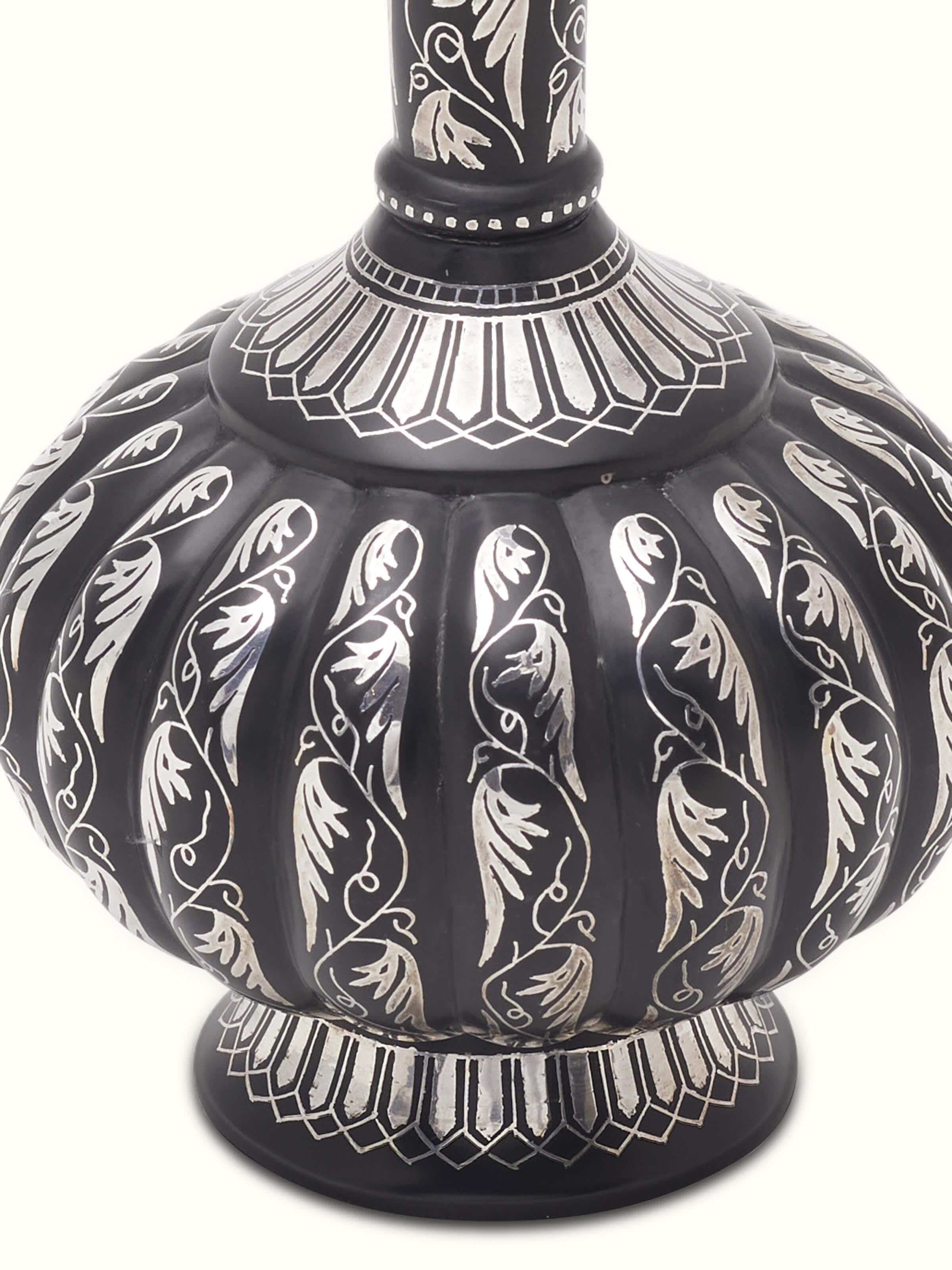 Detailed view of Bidri Zinc & Silver Small Vase by Swadesh, highlighting the finely crafted Bidri work and elegant metallic finish.