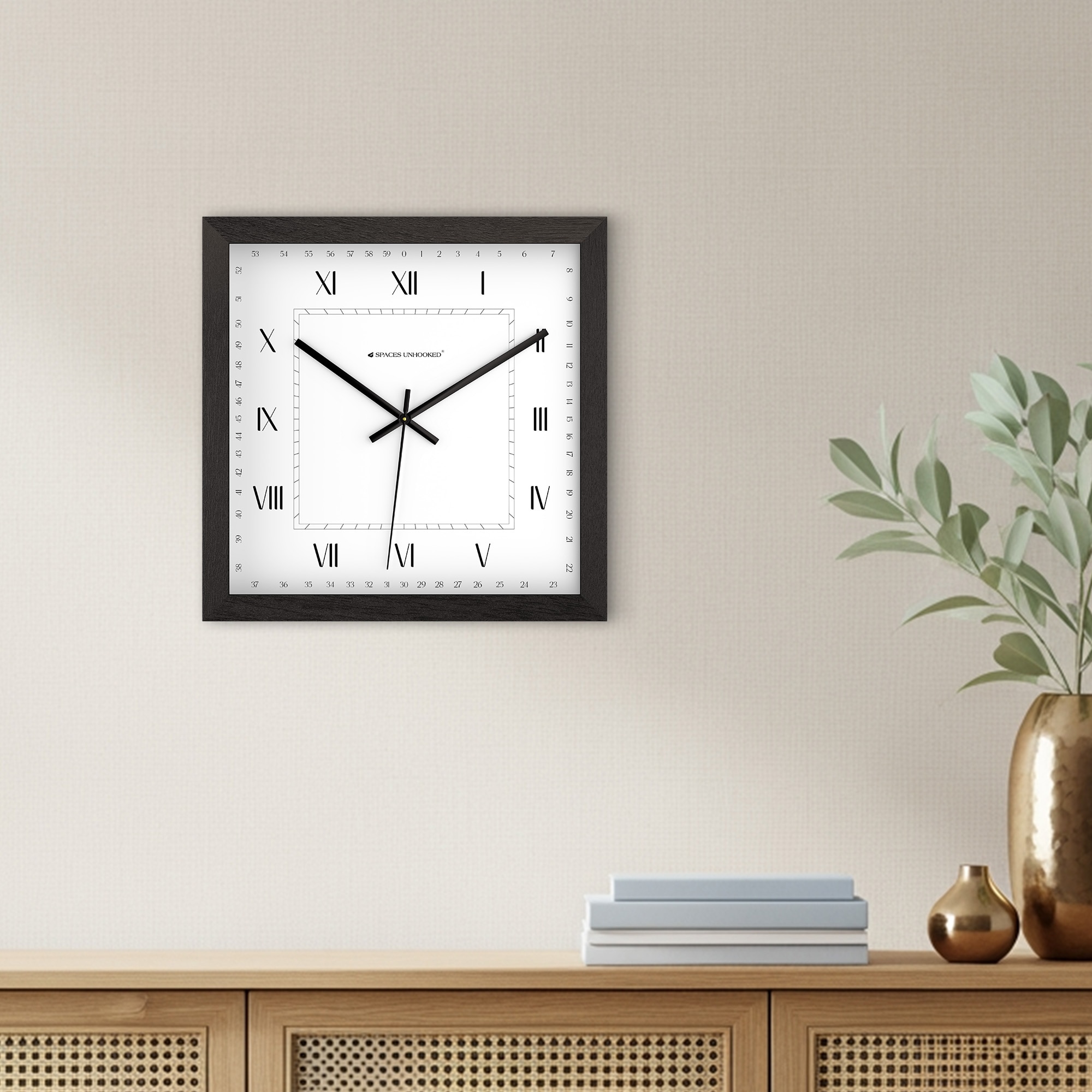 Square Wooden Wall Clock with Roman Numeral Dial and Minute Track
