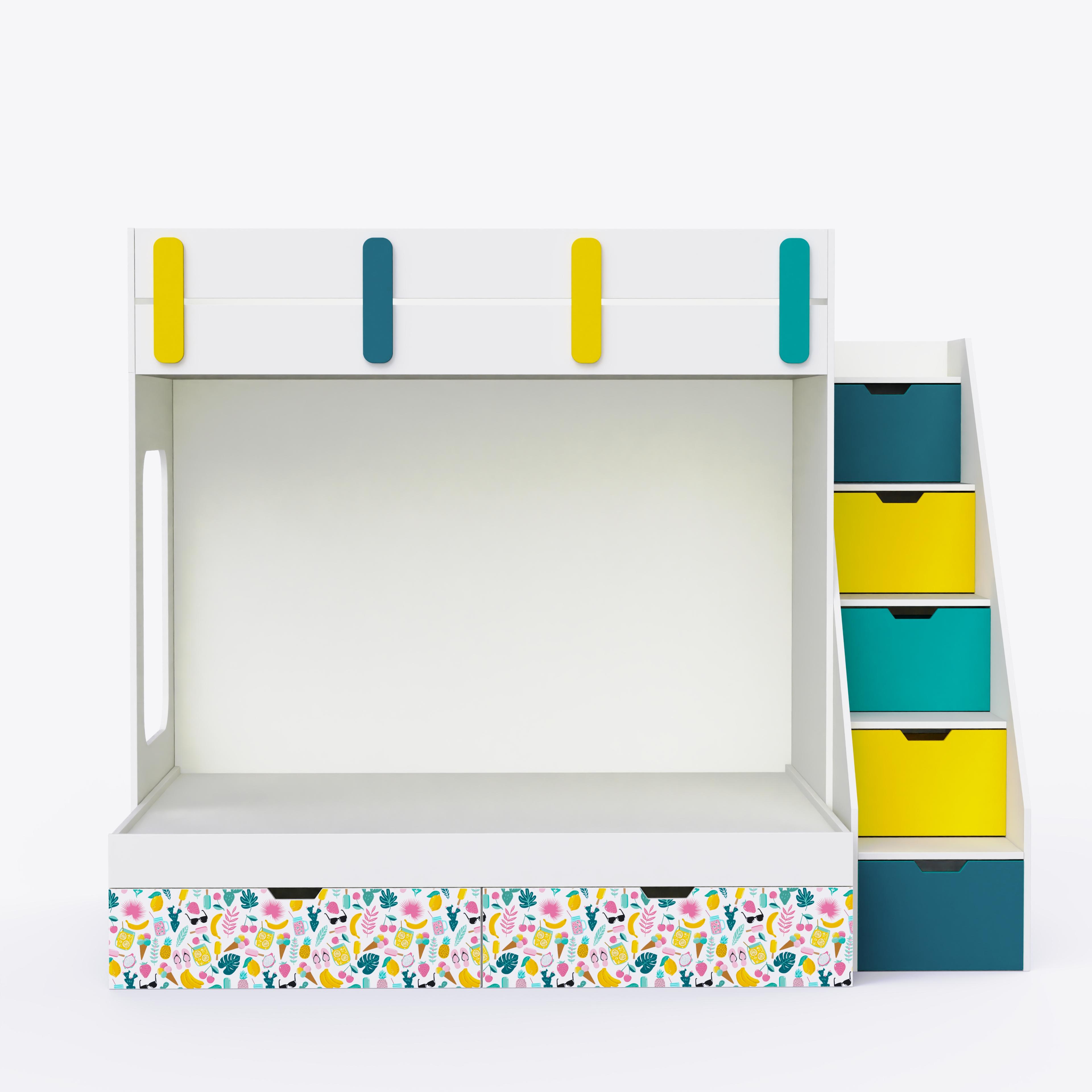 Pattern Dreams Bunk Bed  6X5 (Drawers On Wheels) In White & Teal Colour