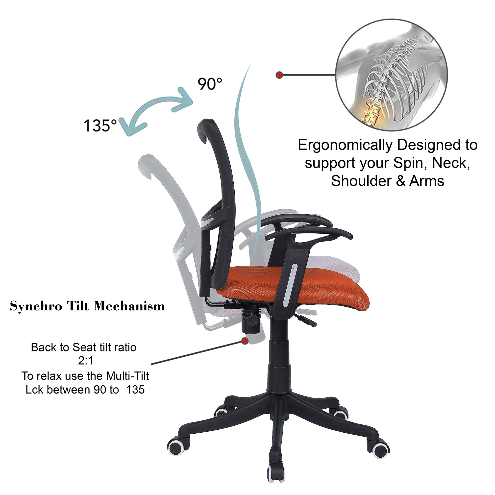 Eexcaeal Mid Back Ergonomic Chair in Orange Colour
