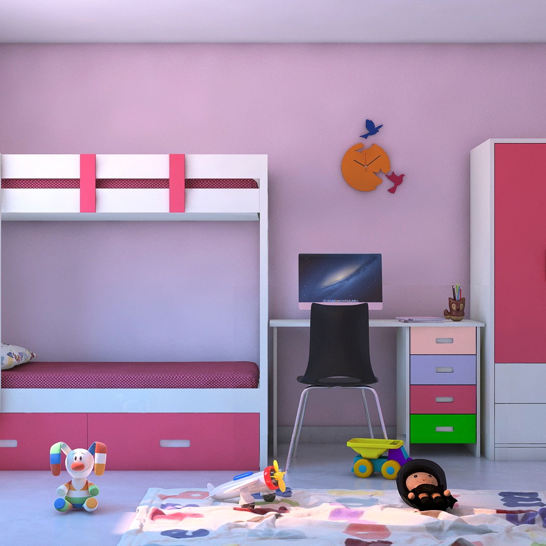 Cherokee Multicolor Kids Student Desk with 4 Handle Less Drawers in Ivory English Pink Colour