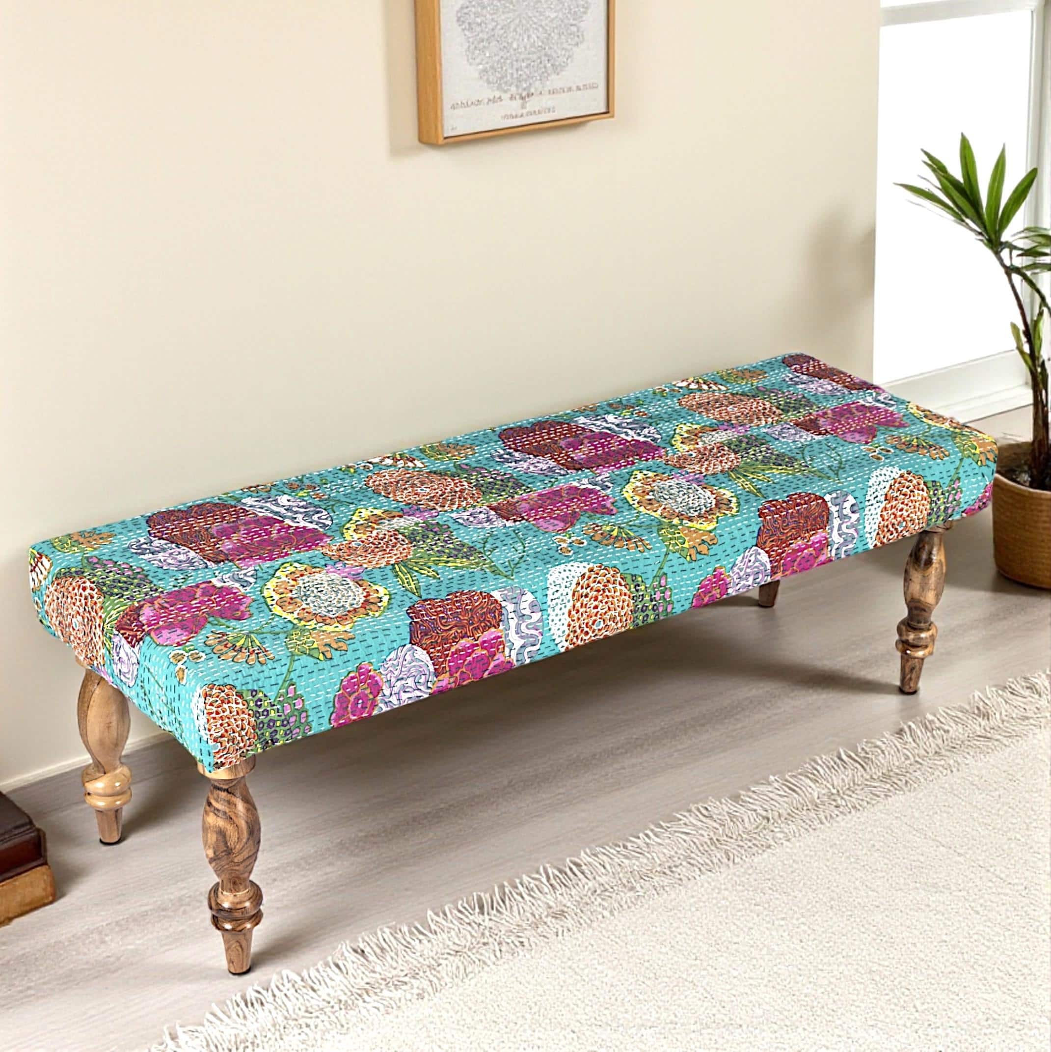 Cairo Solid Wood 2 Seater Bench In Floral Print Green Kantha Fabric