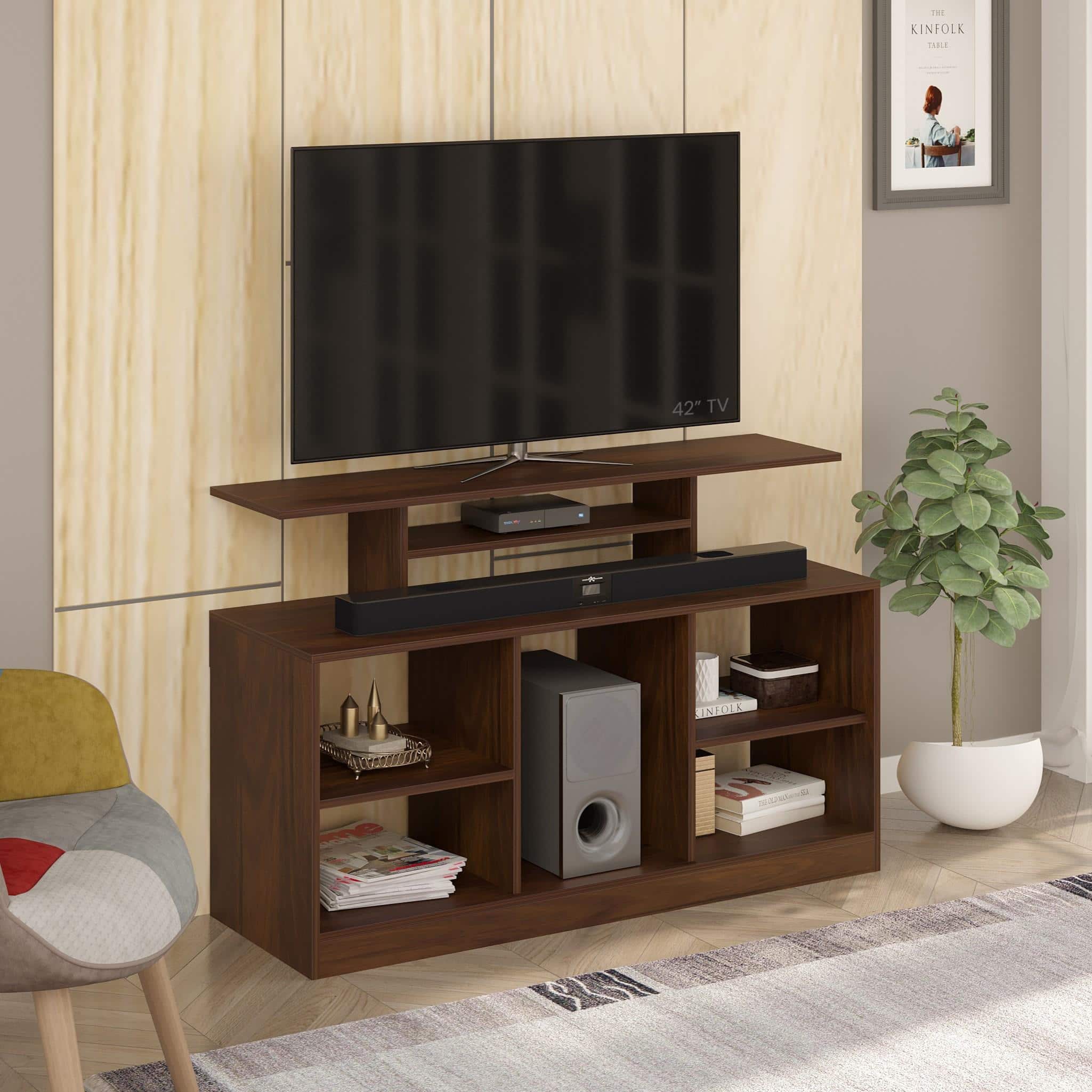 Bevlyn Engineering Wood Floor Standing Tv Entertainment Unit In Brown Maple Finish
