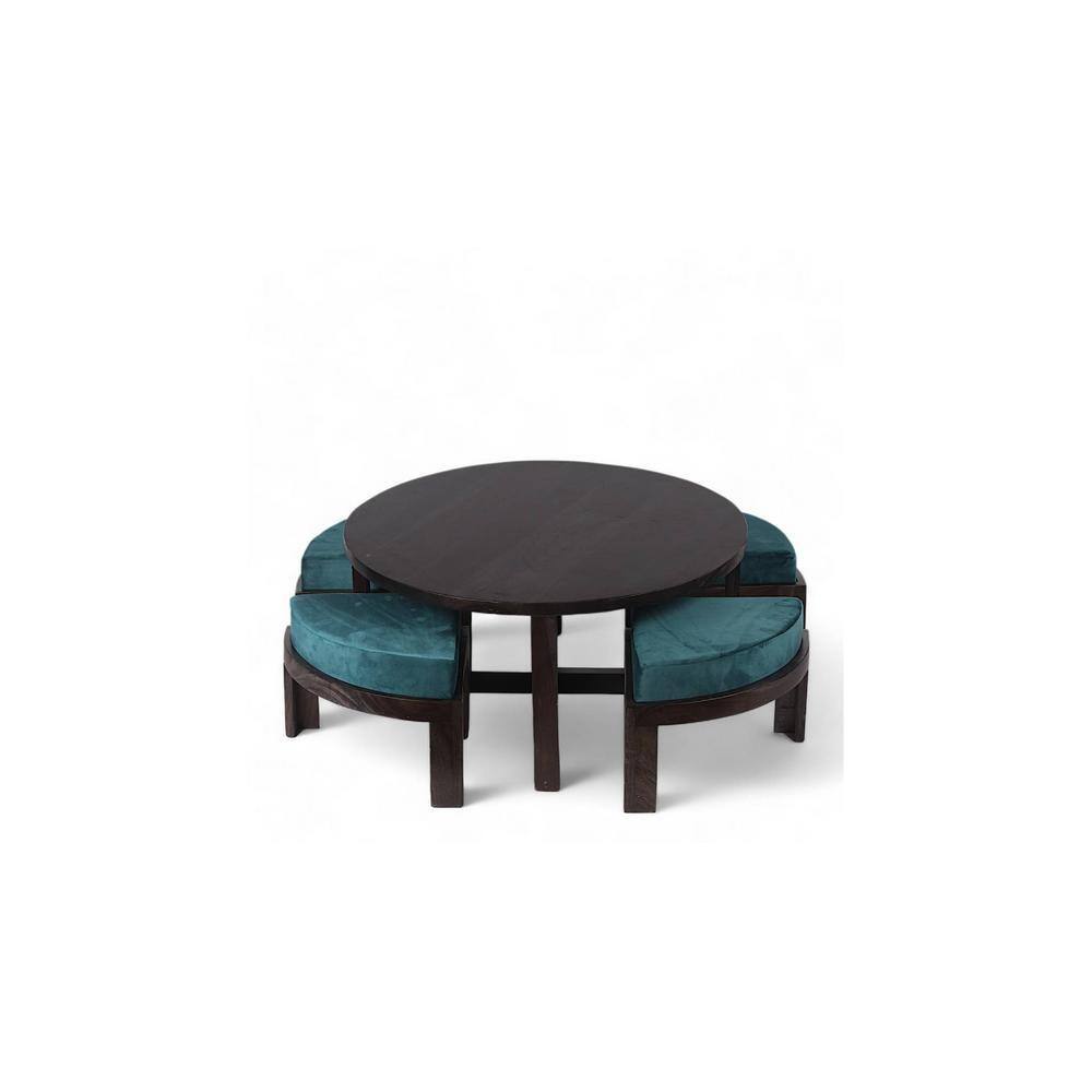 Nashville Sheesham Wood Coffee Table With 4 Stools Set In Mahogany Finish & Turquoise Sea Velvet Fabric Cushions