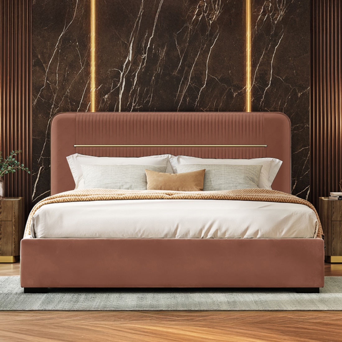 Milan Engineered Wood Queen Size Bed with Hydraulic Storage in Mocha Mouse Velvet Colour