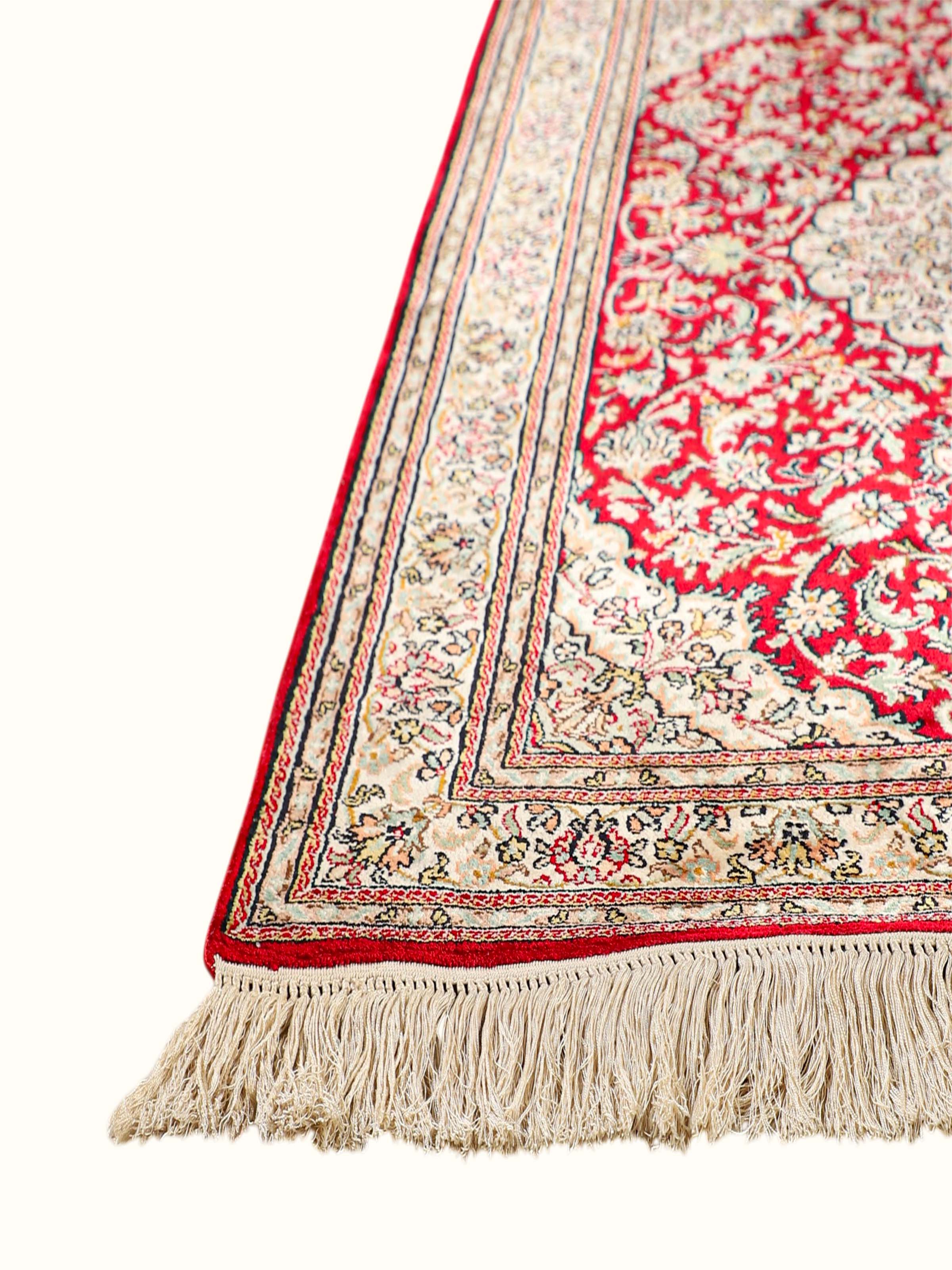 Traditional Persian Red Ivory Kashan Kashmir Silk Hand-Knotted Carpet