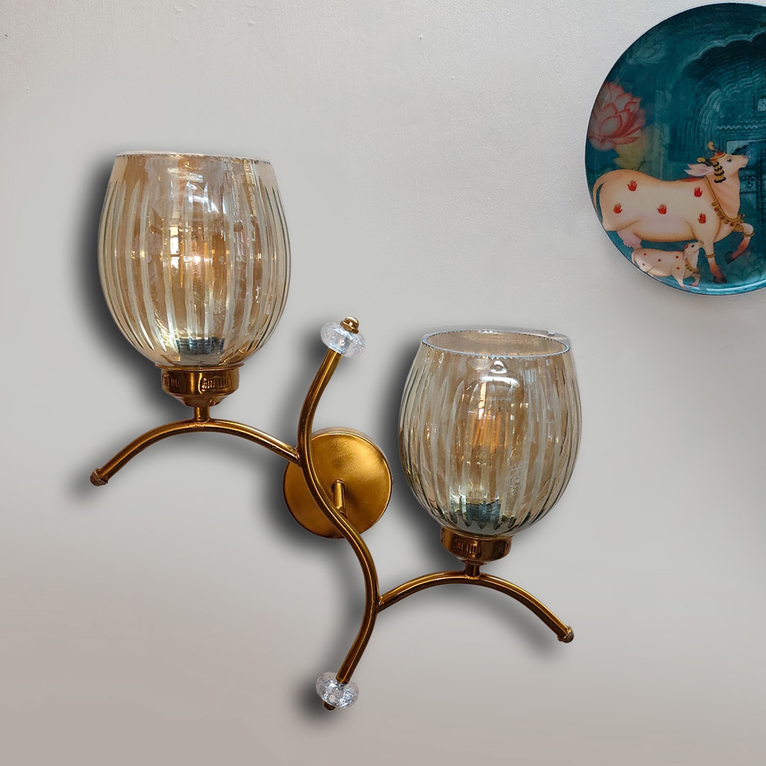 Devansh Metal Electric Wall Light in Gold Colour with Lavender Shade Count of 2 Lights - Devansh