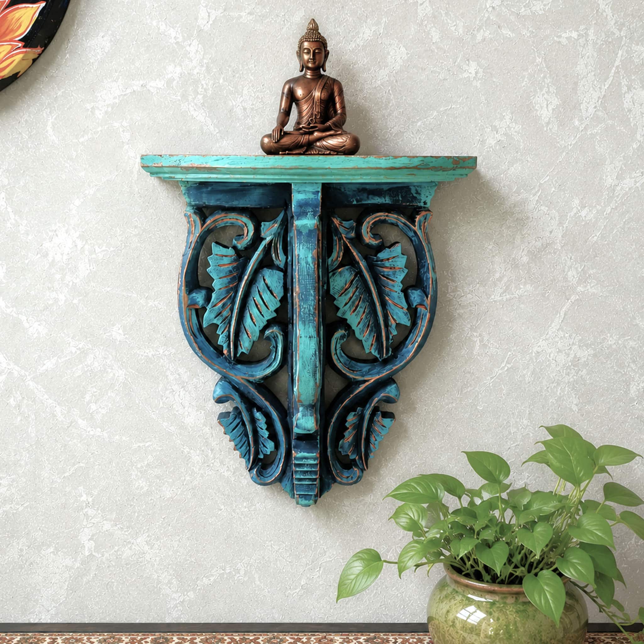 Multishade Colour Solid Wood Handcarved Harita Patra Floating Wall Shelf with distres finish by DisooFashions - Disoo Fashions