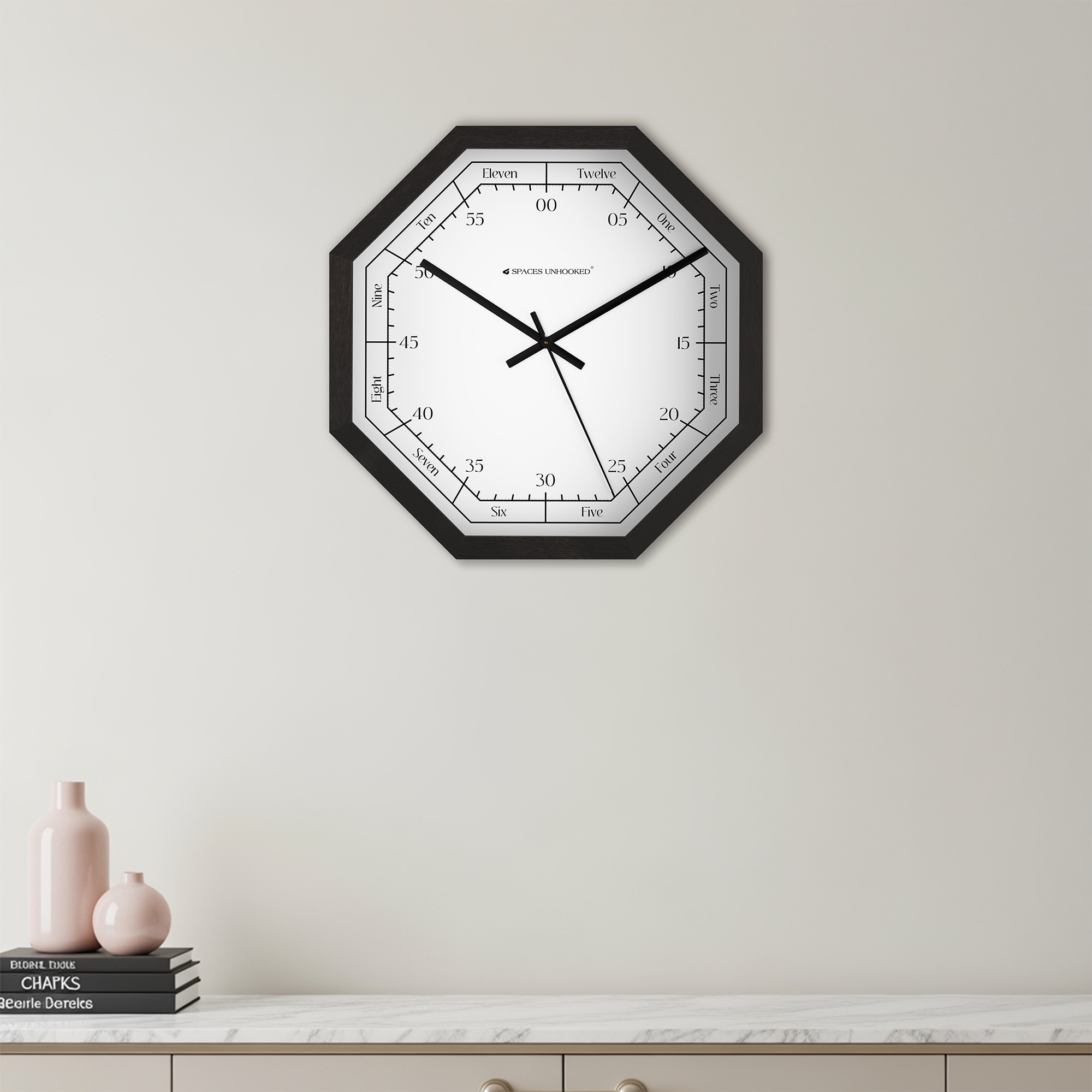 Octagon Wooden Wall Clock with Worded Hour Dial