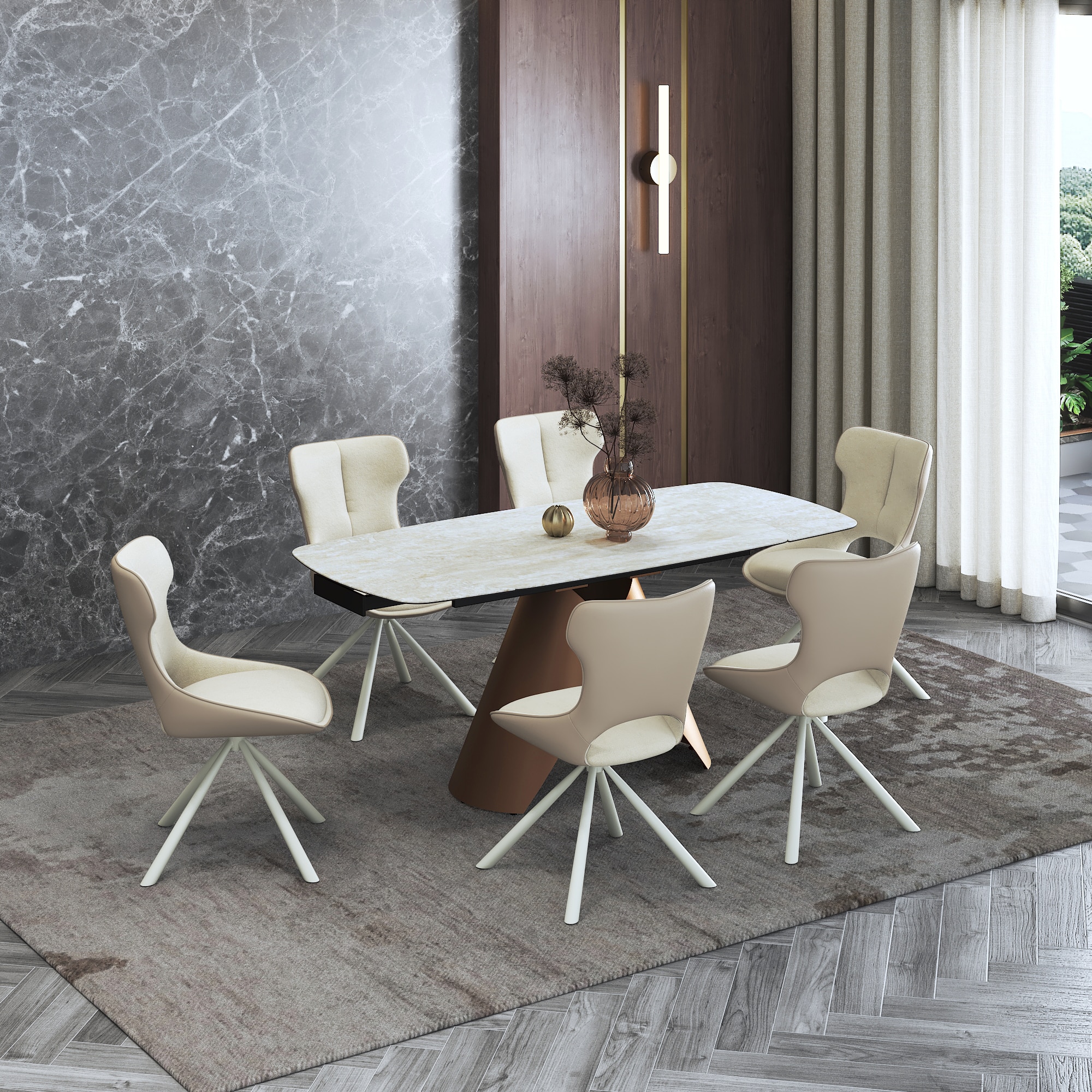 Aeris Ceramic 4 To 6 Seater Extendable Dining Table With 4 Tulip Dining Chairs (Finish : Rome Travertine, Chair Colour : Cream)