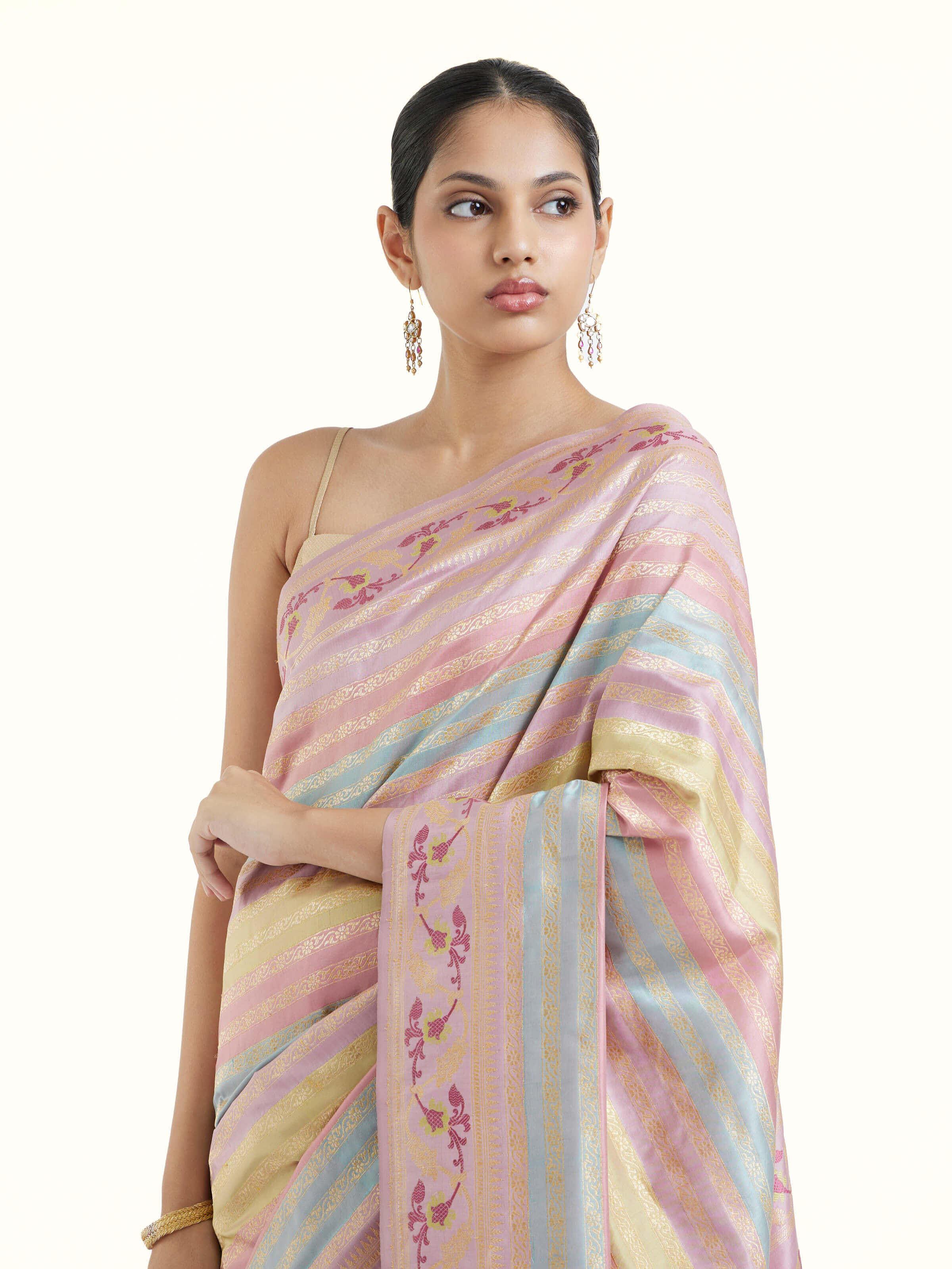 Angled view of silk rangkat Banarasi saree highlighting traditional rangkat weave and sheen