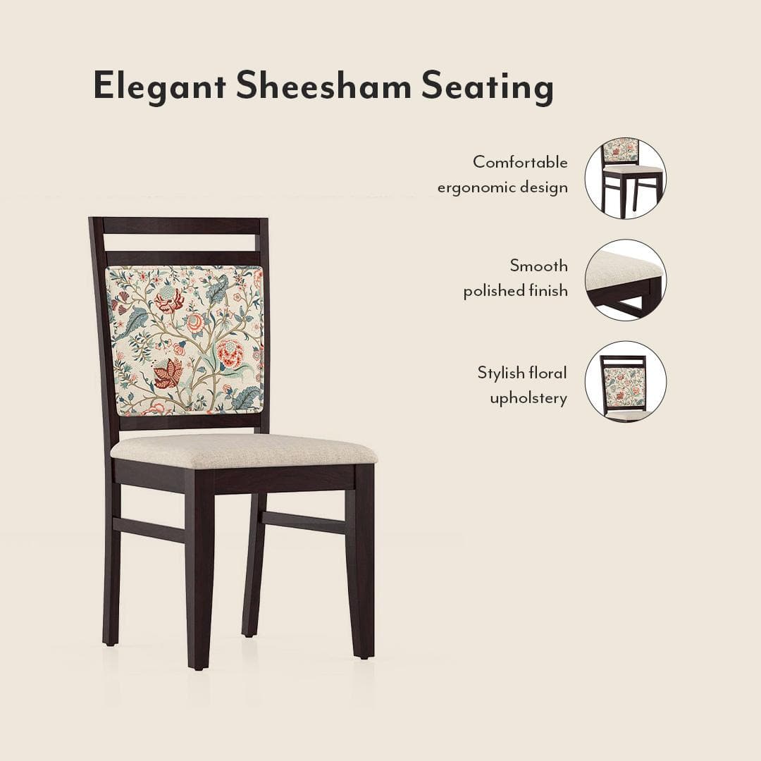 Fidora 4 Seater Dining Table With Set Of 4 Alaine Dining Chairs (Colour- Calico Floral Retreat & Pony Beige, Finish- Mahogany)