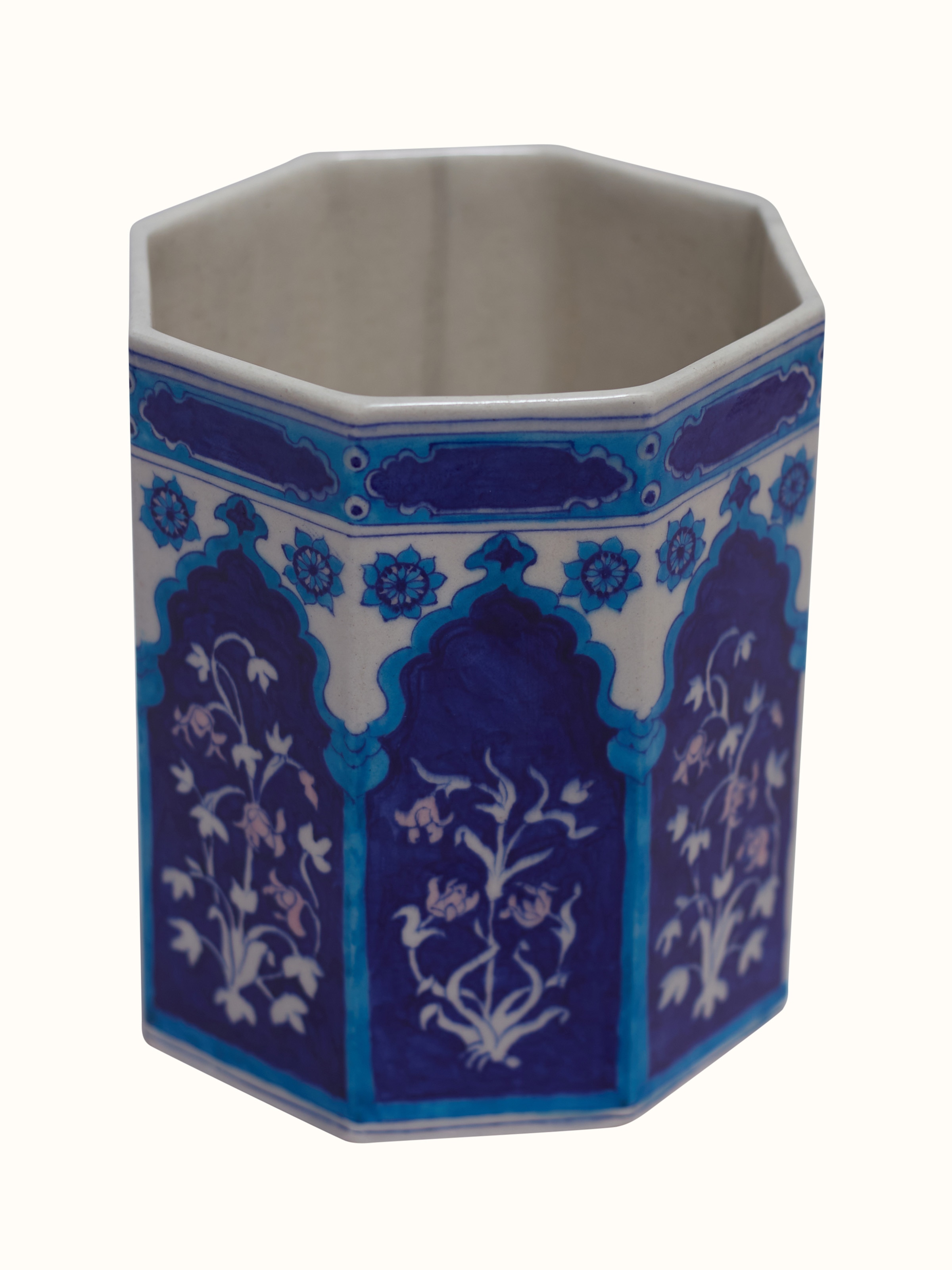 Front view of blue pottery baari ceramic planter for home and garden decor
